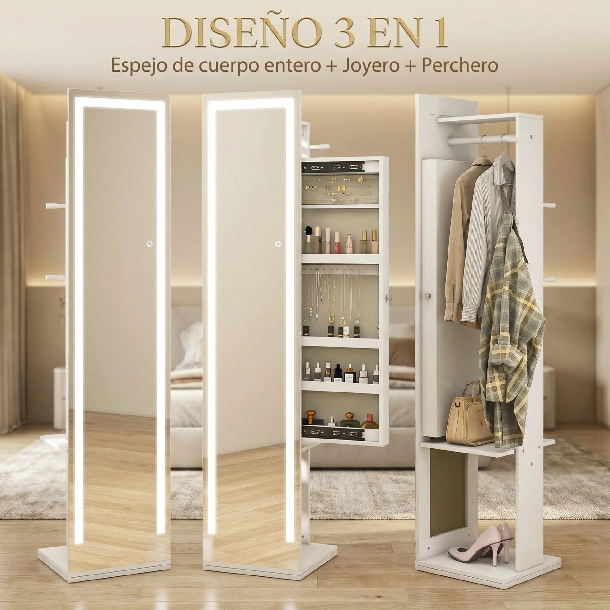 HOMCOM Espejo Joyero con Luces LED, Armario Joyero con Espejo de Cuerpo Entero sin Marco, Armario para Joyas Giratorio 360° con Estantes Abiertos, Perchero y Barras para Colgar, Blanco y Forro Beige