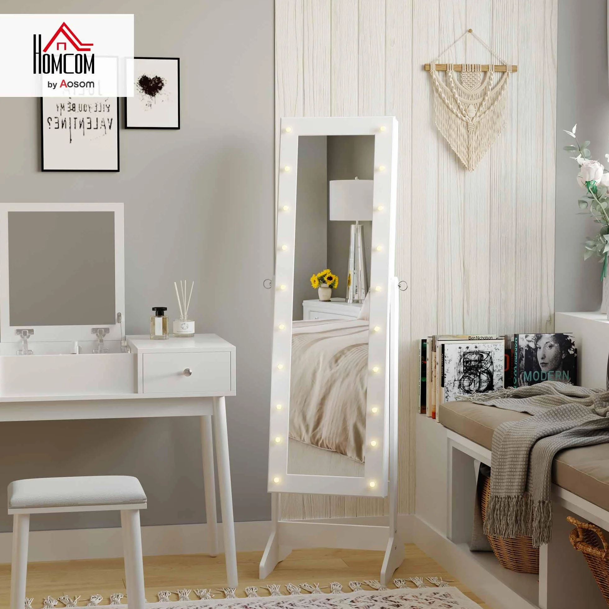HOMCOM Espejo Joyero con 20 Luces LED Armario Joyero Reclinable con Guardajoyas Anillos Pendientes Collares Cerradura y Llaves 40x37x146 cm Blanco