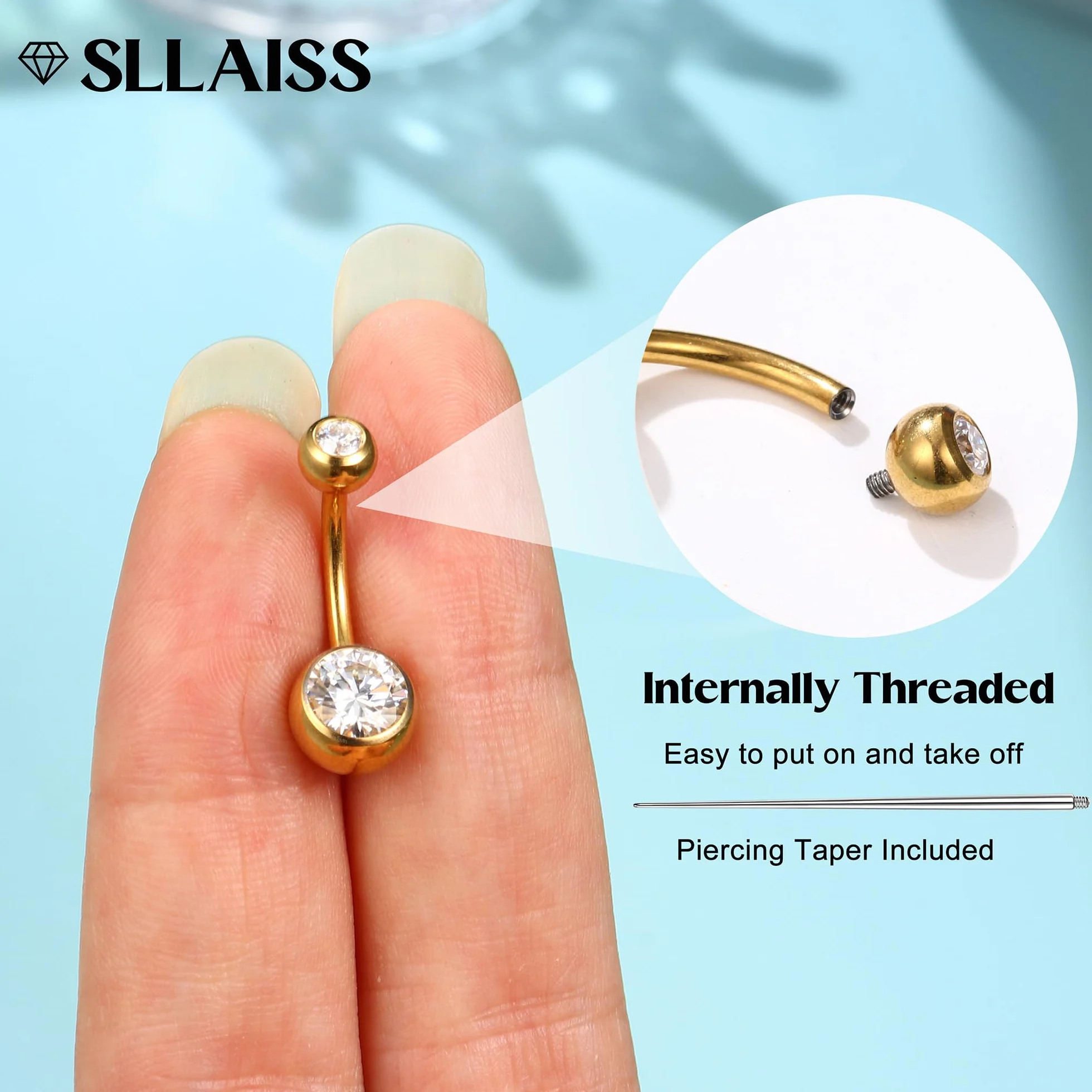 Sllaiss Piercing Ombligo Titanio G23 con Moissanita Brillante Calibre 14G y 10mm Piercings de Ombligo Mujer con Rosca Interna Hipoalergénico Joyería Corporal de Titanio Grado Implante Plata/Oro