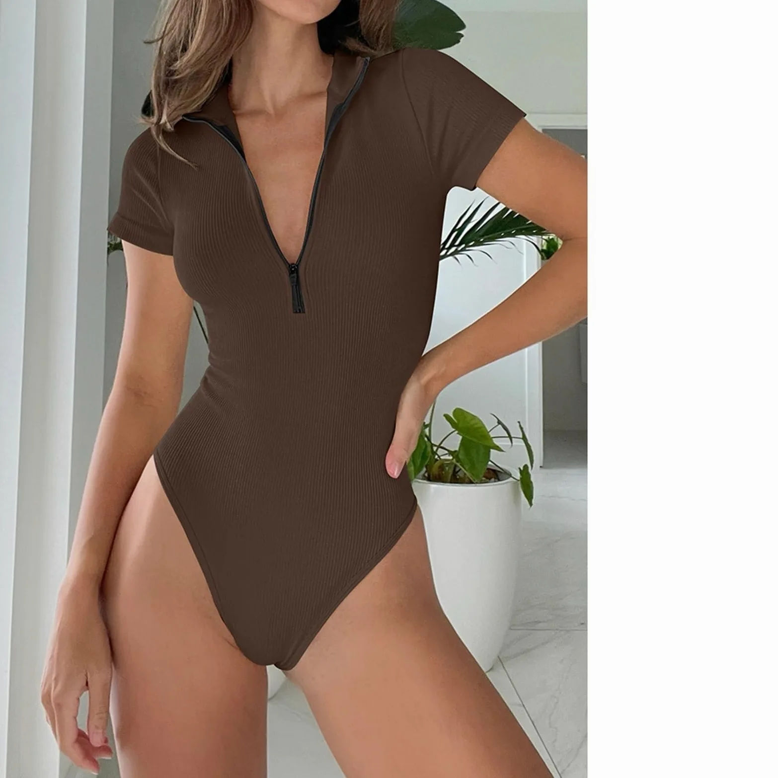 Mono de Yoga Mujer Body de yoga Medias manga corta con cuello en V Mono deportivo informal una pieza
