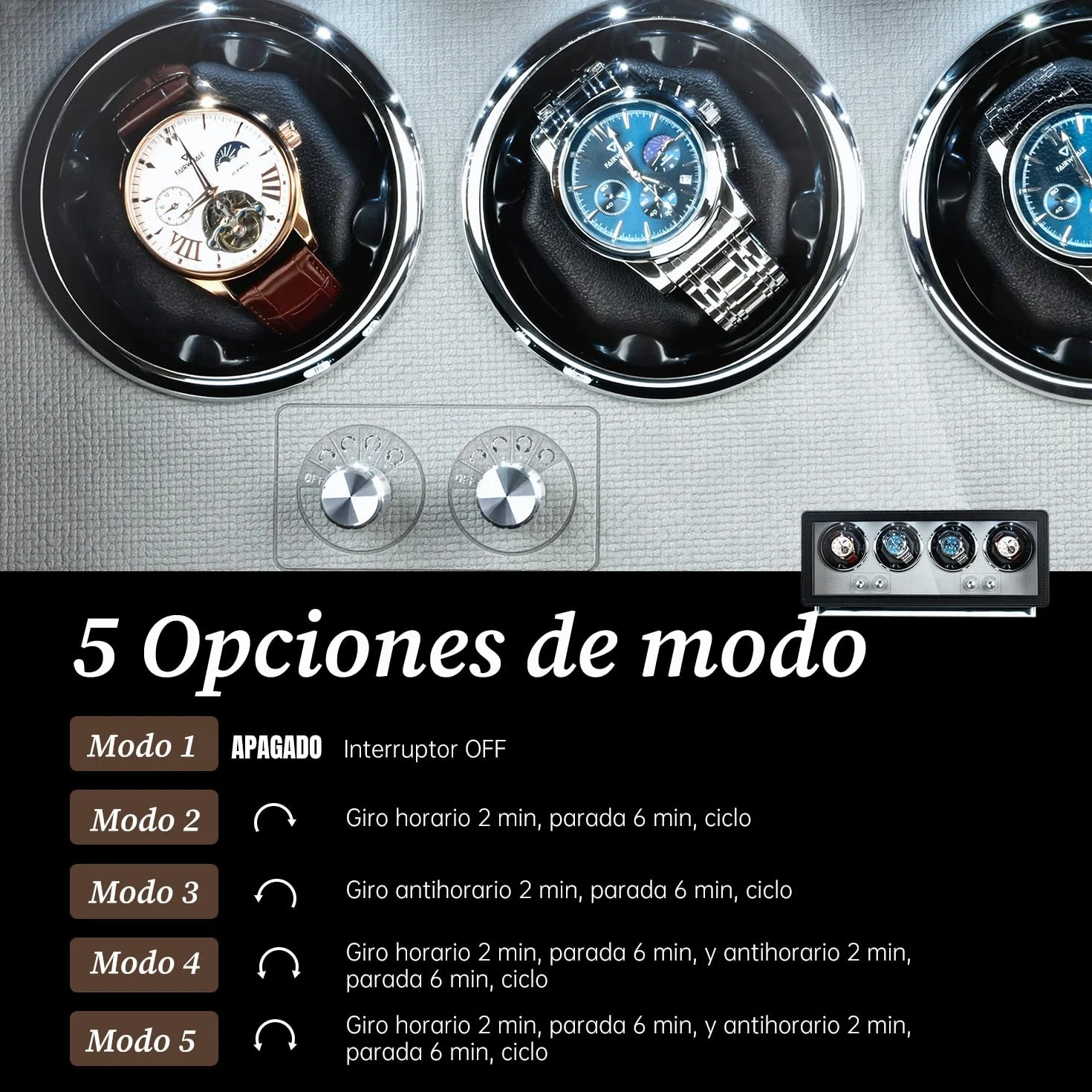 Mcbazel Automática Rectangular Piel sintética Caja enrolladora para 4 Relojes Motor ultrasilencioso 4 diales Pantalla LED 4 Modos rotación Negro