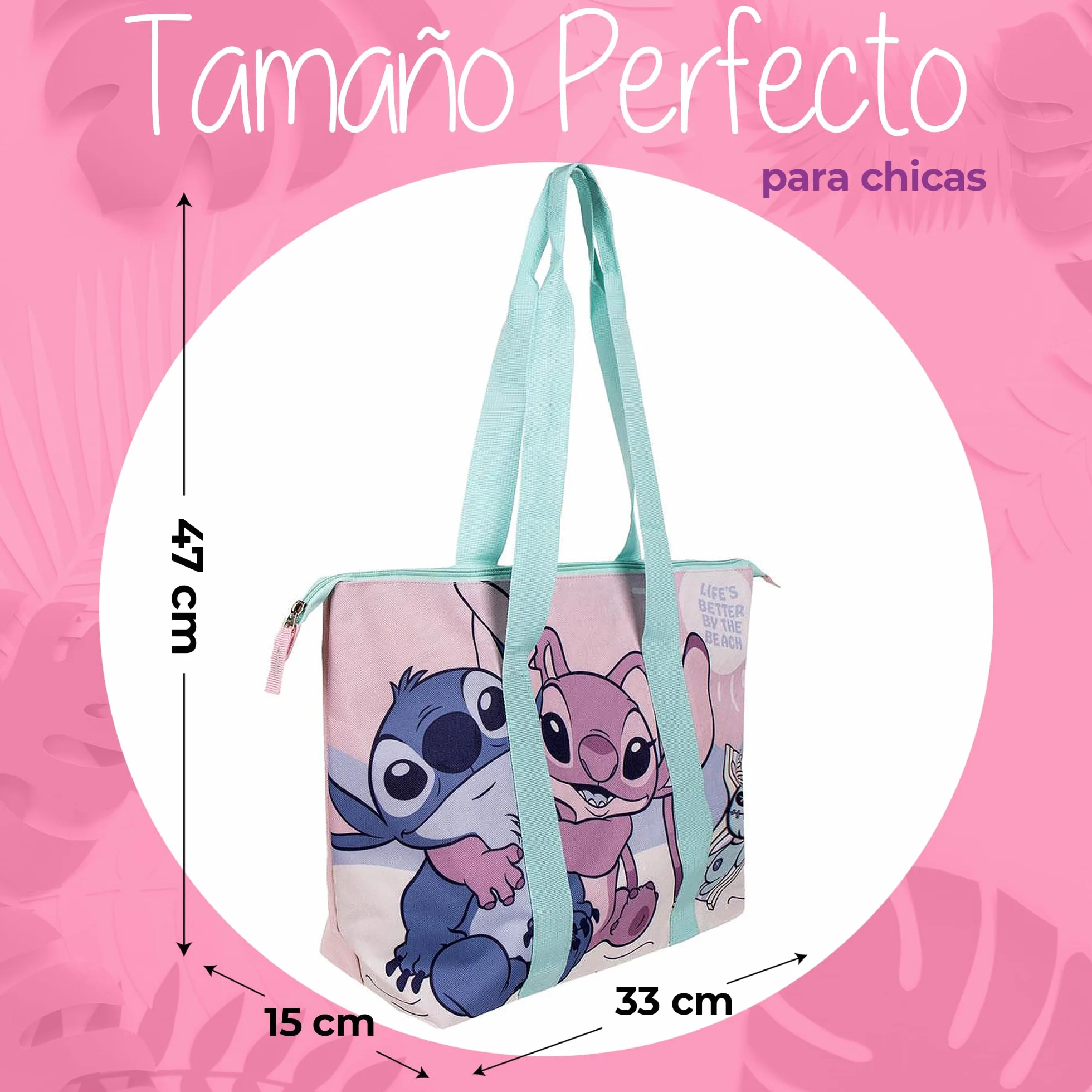 Bolso Stitch & Angel Niña – Bolsa Grande con Cremallera – Ligera y Espaciosa – Para Colegio, Piscina, Playa y Viajes
