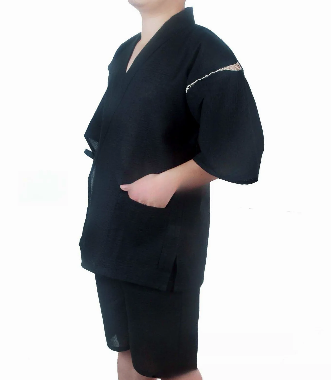 ZEALMAX Conjunto de kimono japonés para hombre, camisa y pantalones cortos, algodón y lino, bata de baño, color negro