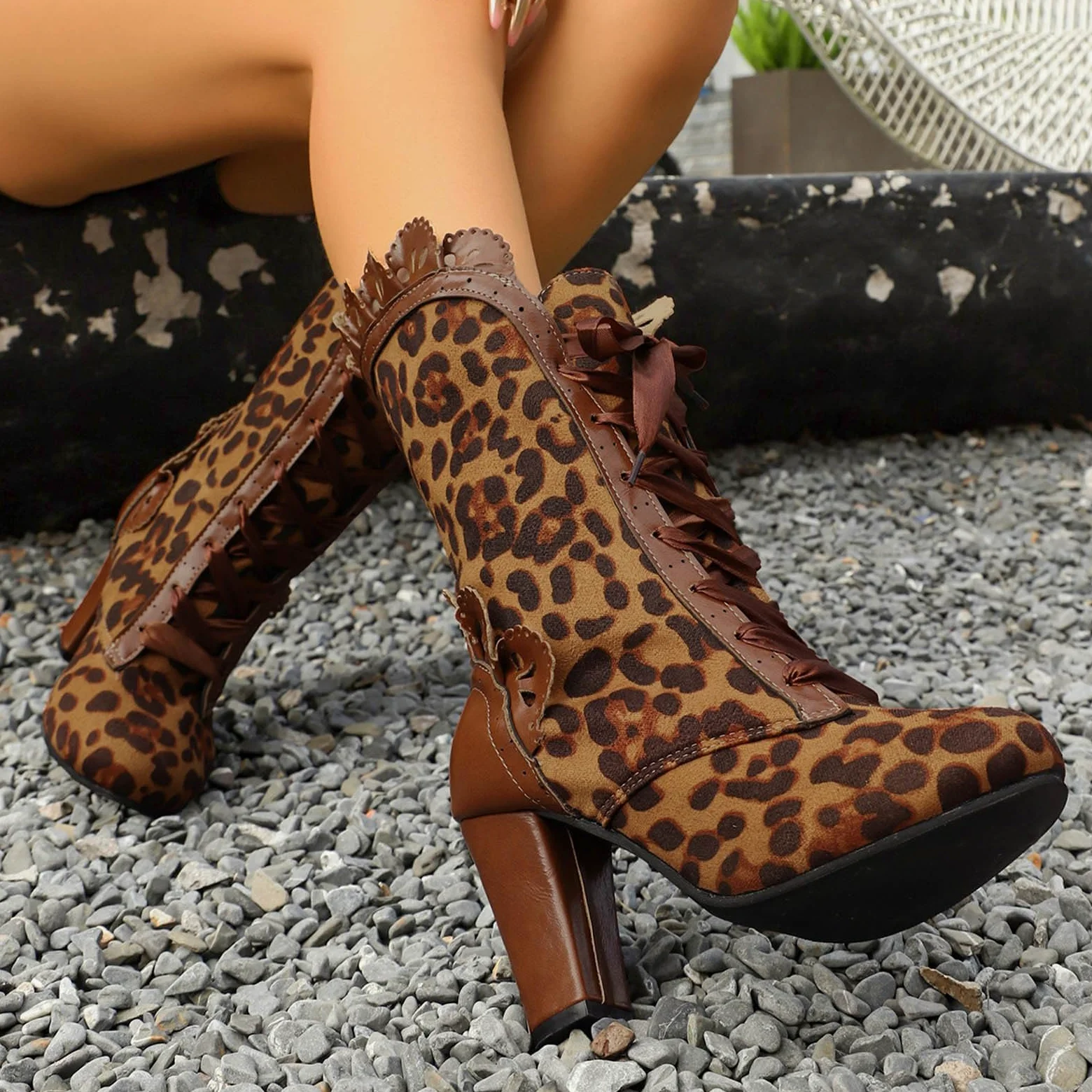Botas de Vestir Rujer Botas de Media caña con Punta Redonda Ante y Estampado Leopardo para Mujer, con Cremallera, Encaje y tacón Grueso, para Salidas Informales a la Escuela