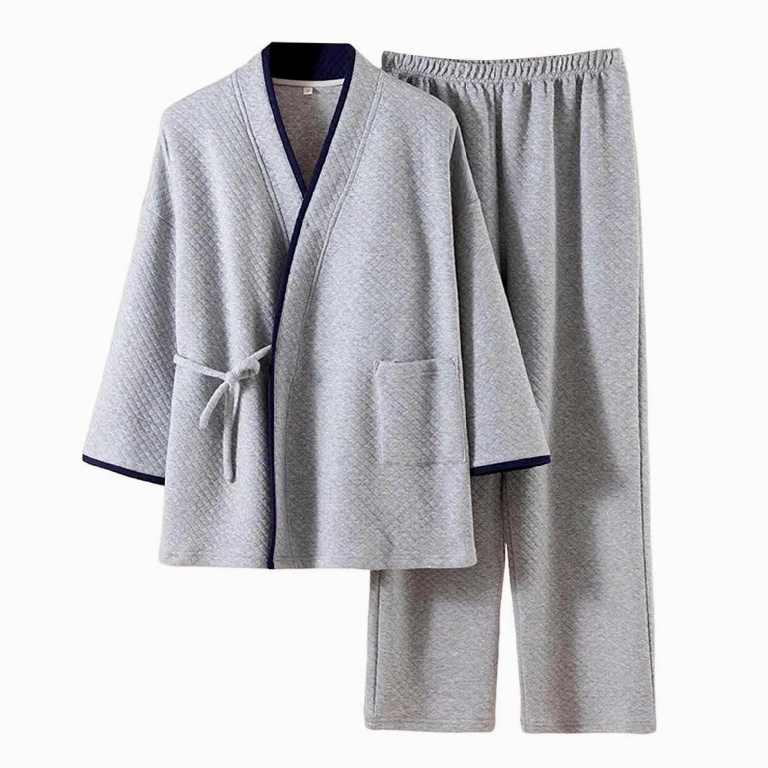 Pijama para hombre con cuello de pico, pijama de dos piezas, kimono japonés, juego de 2 piezas, ajuste holgado, pijama para el tiempo libre, cálido y grueso, ropa de dormir