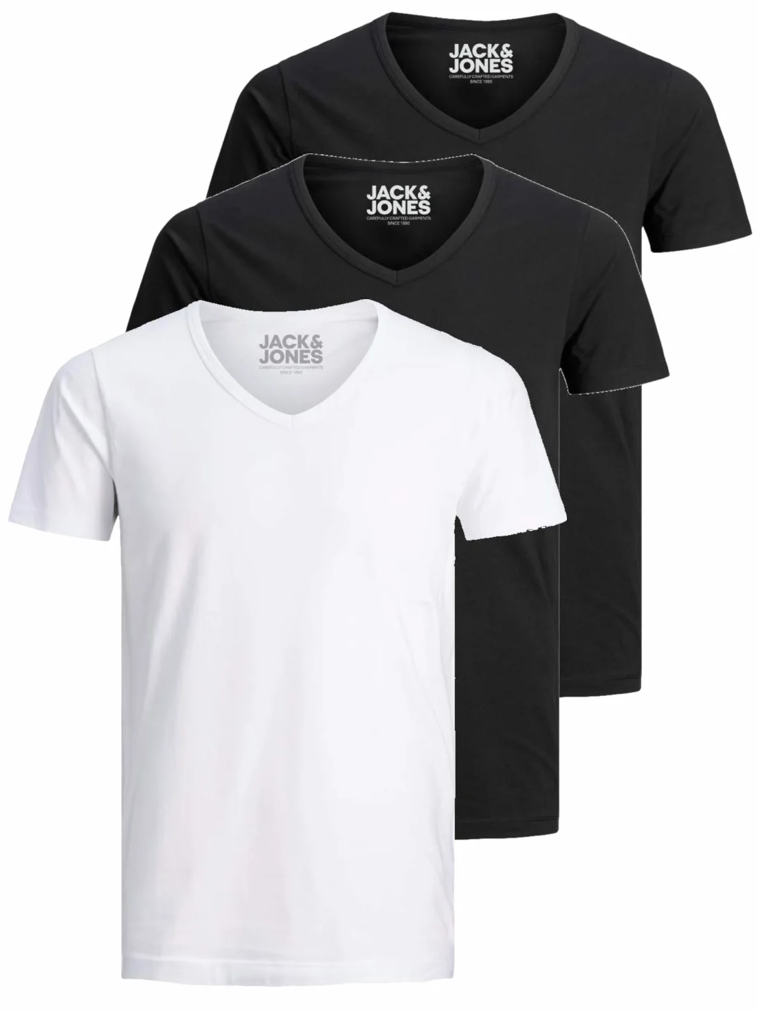 Jack and Jones - Camiseta básica para hombre, cuello de pico, paquete de 3 unidades, color liso, corte ajustado, en blanco, negro, azul y gris