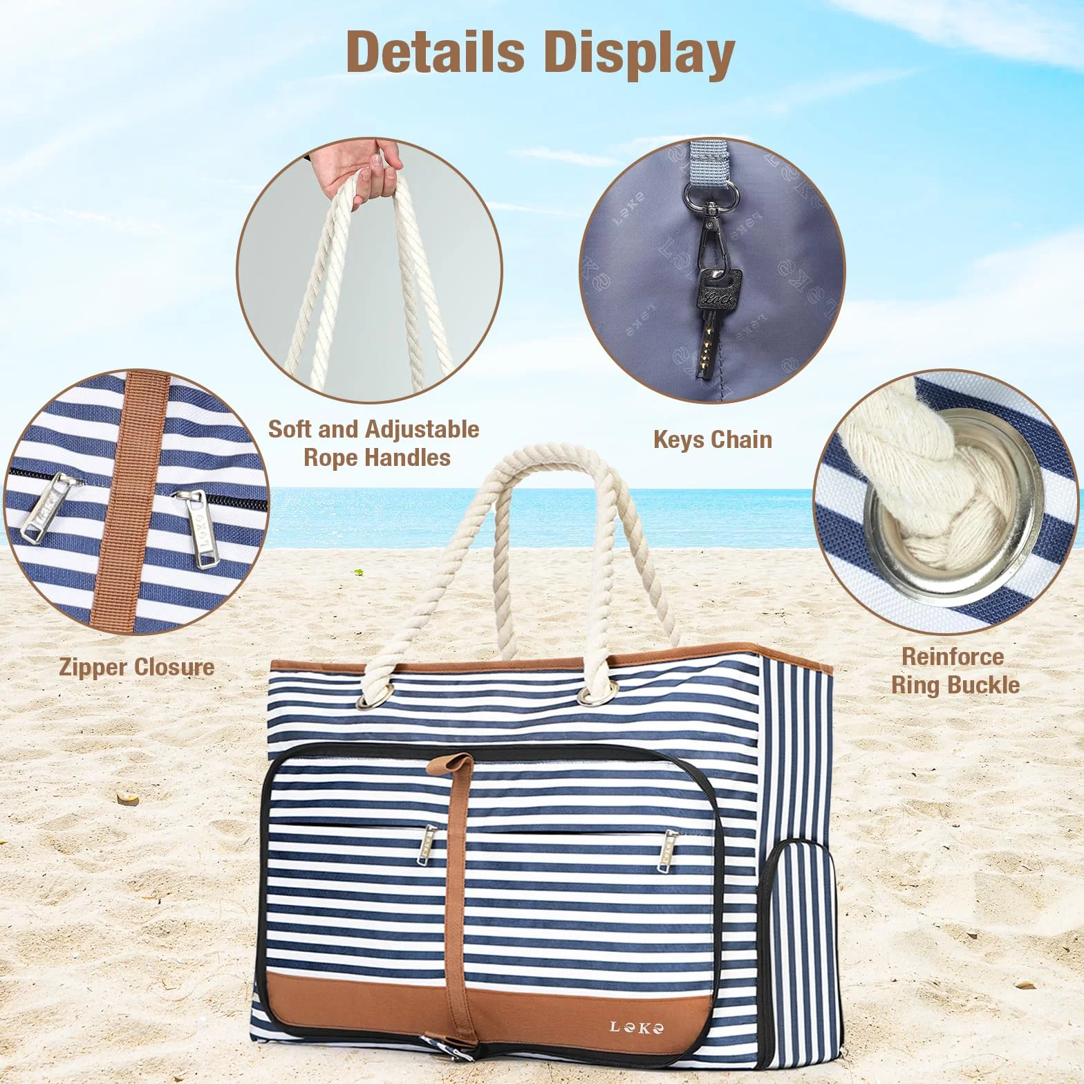 Bolsa de Playa Grande XXL con Cremallera para Mujer, Bolso Familiar Impermeable y Plegable, Tote Bag con Compartimento Húmedo, Zapatos y 8 Bolsillos