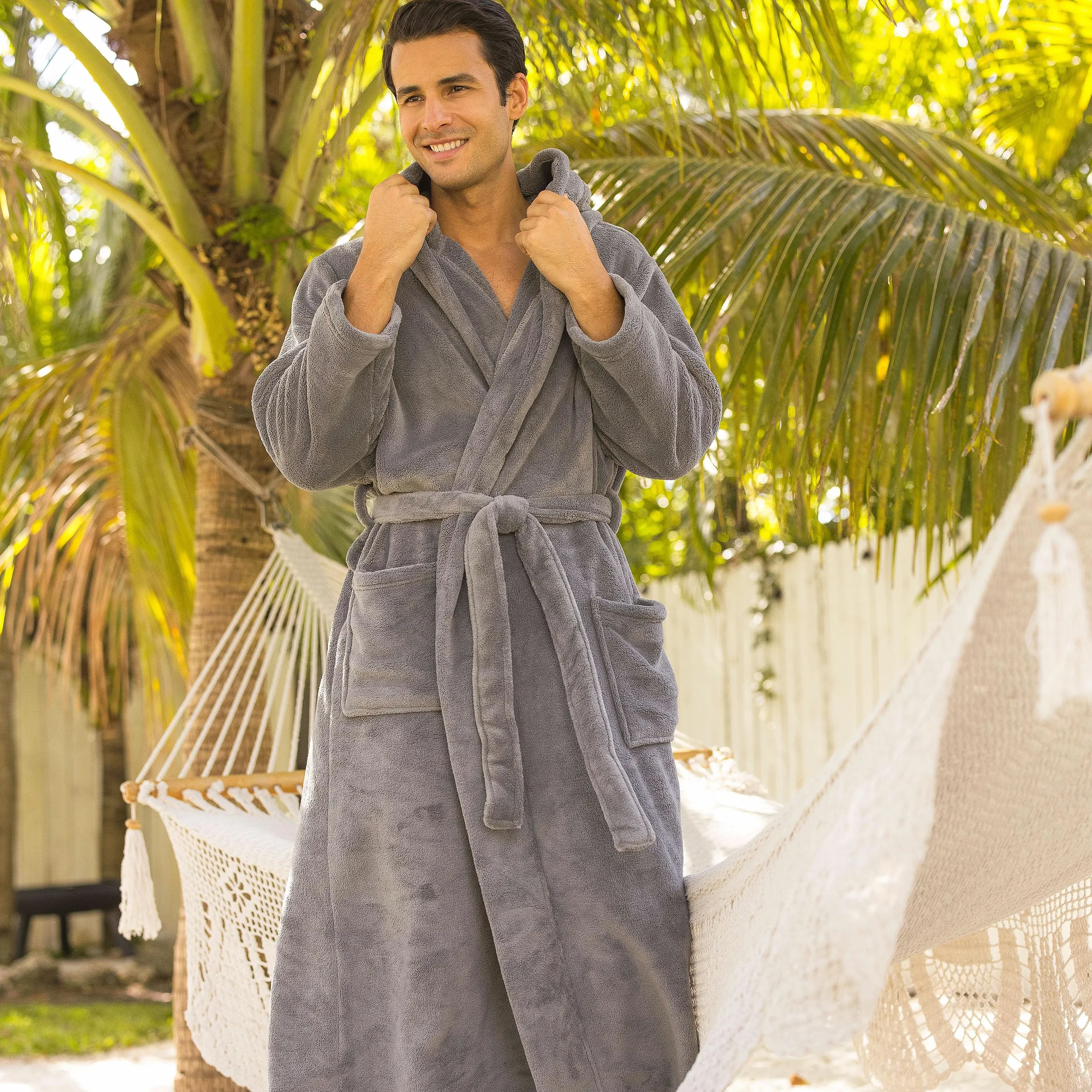 Alexander Del Rossa Bata de felpa para hombre con capucha, batas grandes y altas para hombre, bata de forro polar sherpa para hombre