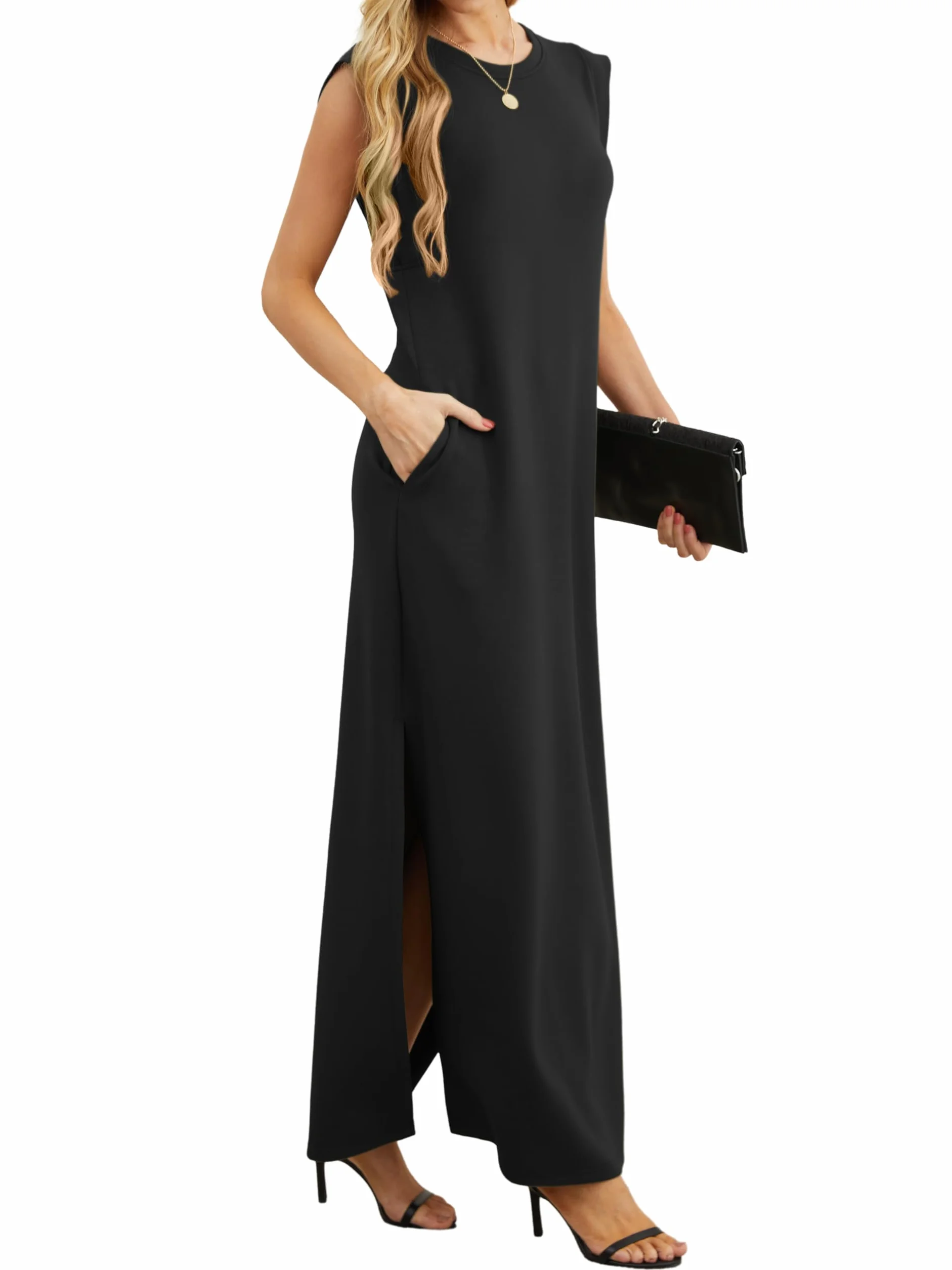Vestido largo sin mangas para mujer GRECERELLE, estilo camisero informal de verano, con abertura y bolsillos