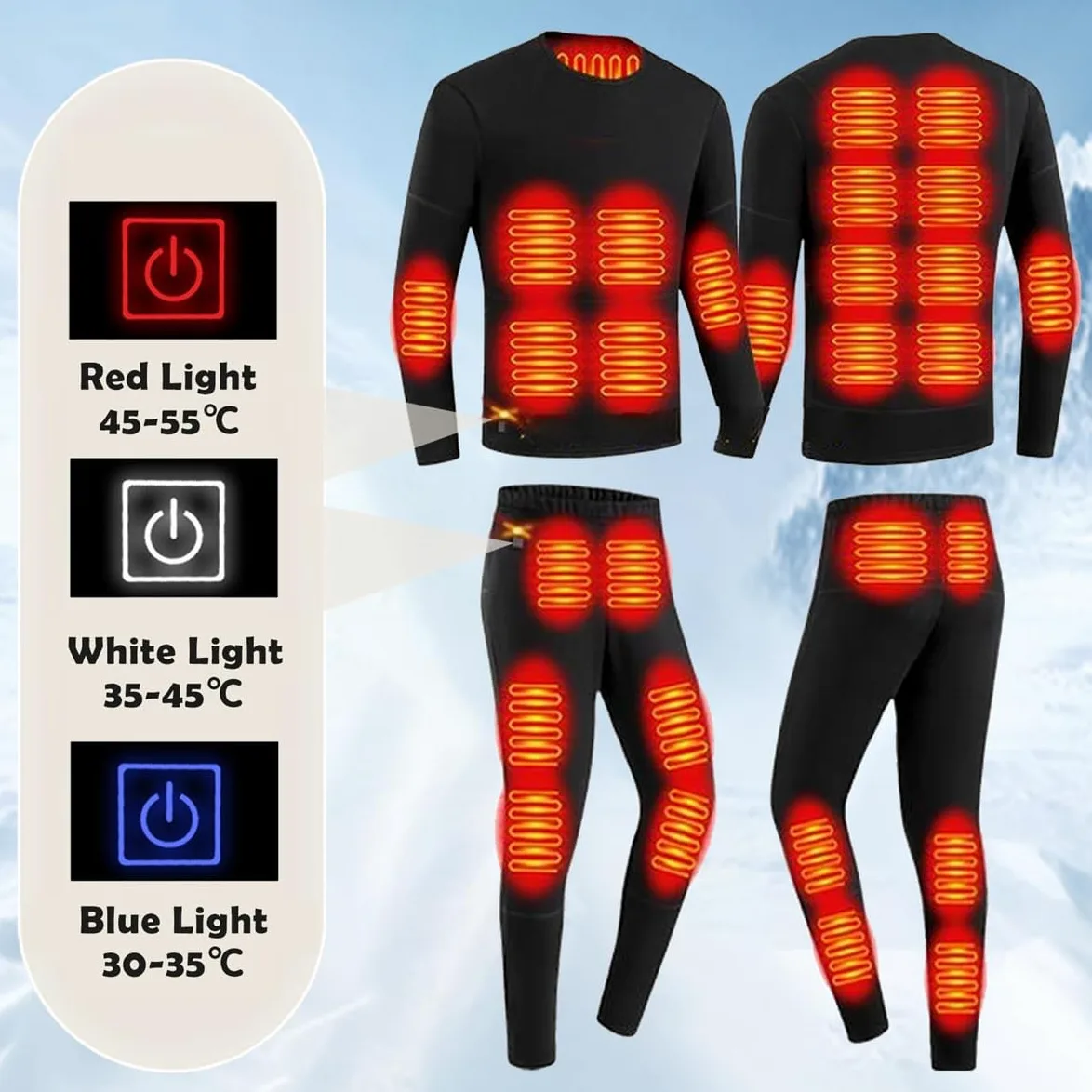 Ropa Interior térmica eléctrica USB para Hombre con batería Externa, 28 Zonas para Deportes de Invierno al Aire Libre.