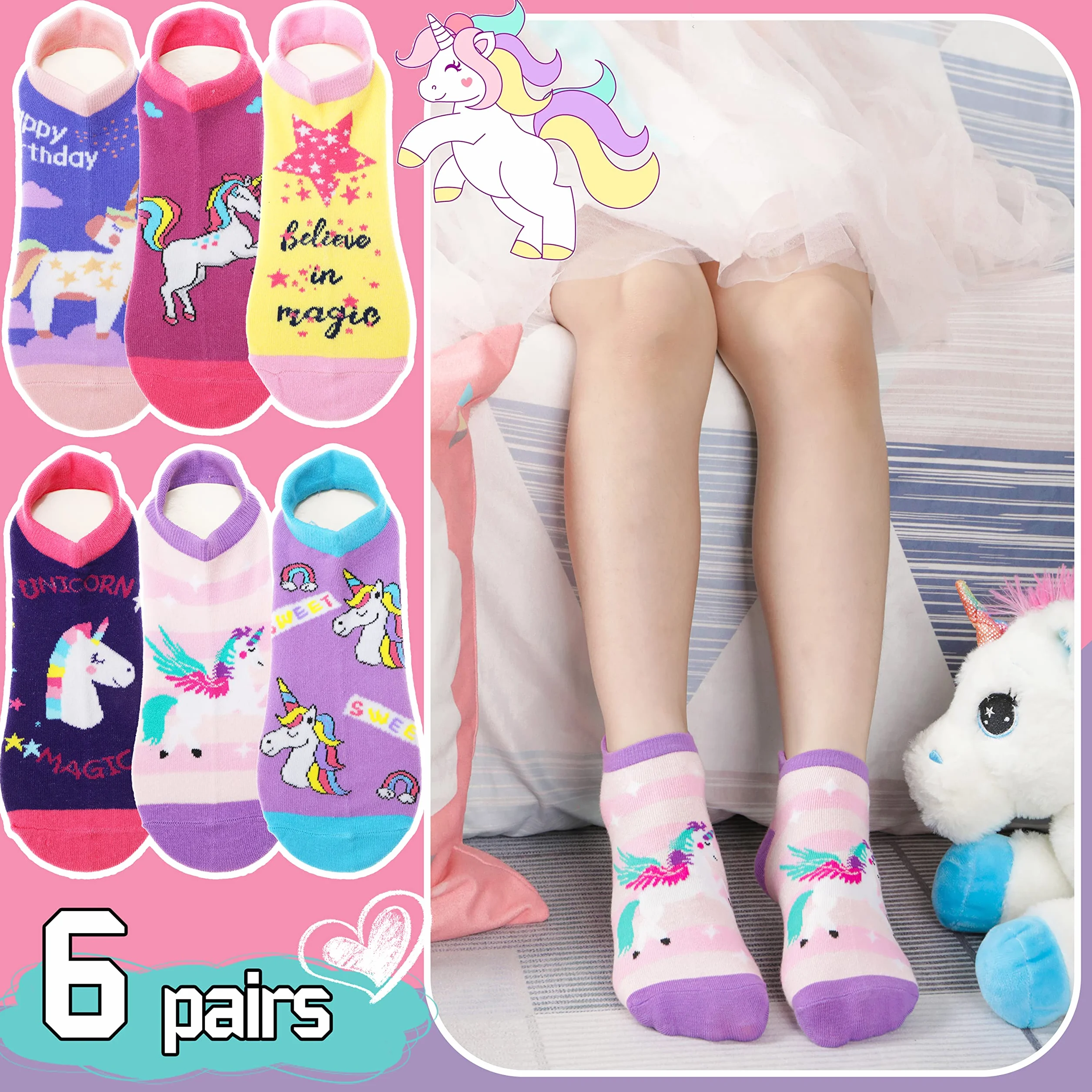ANTSANG Niños Niñas Calcetines Tobilleros Lindo Unicornio Divertido Novedad Extraño Dibujos Animados No Show Moda Algodón 6 Pares