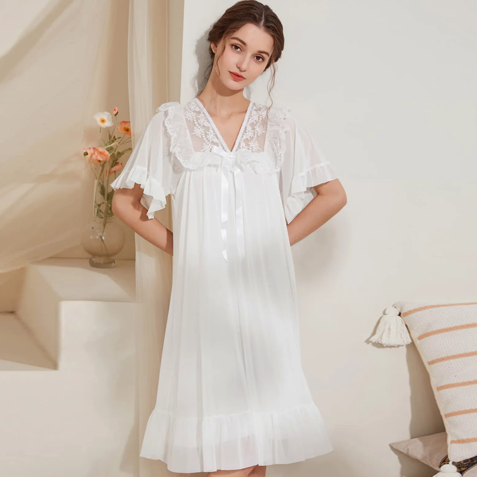 OFFSUM Camisón De Pijama De Mujer - Camisón De Princesa De Color Sólido Camisón De Verano con Lazo De Malla De Encaje Camisón De Dos Pisos Elegante Bordado Ropa De Casa Lencería