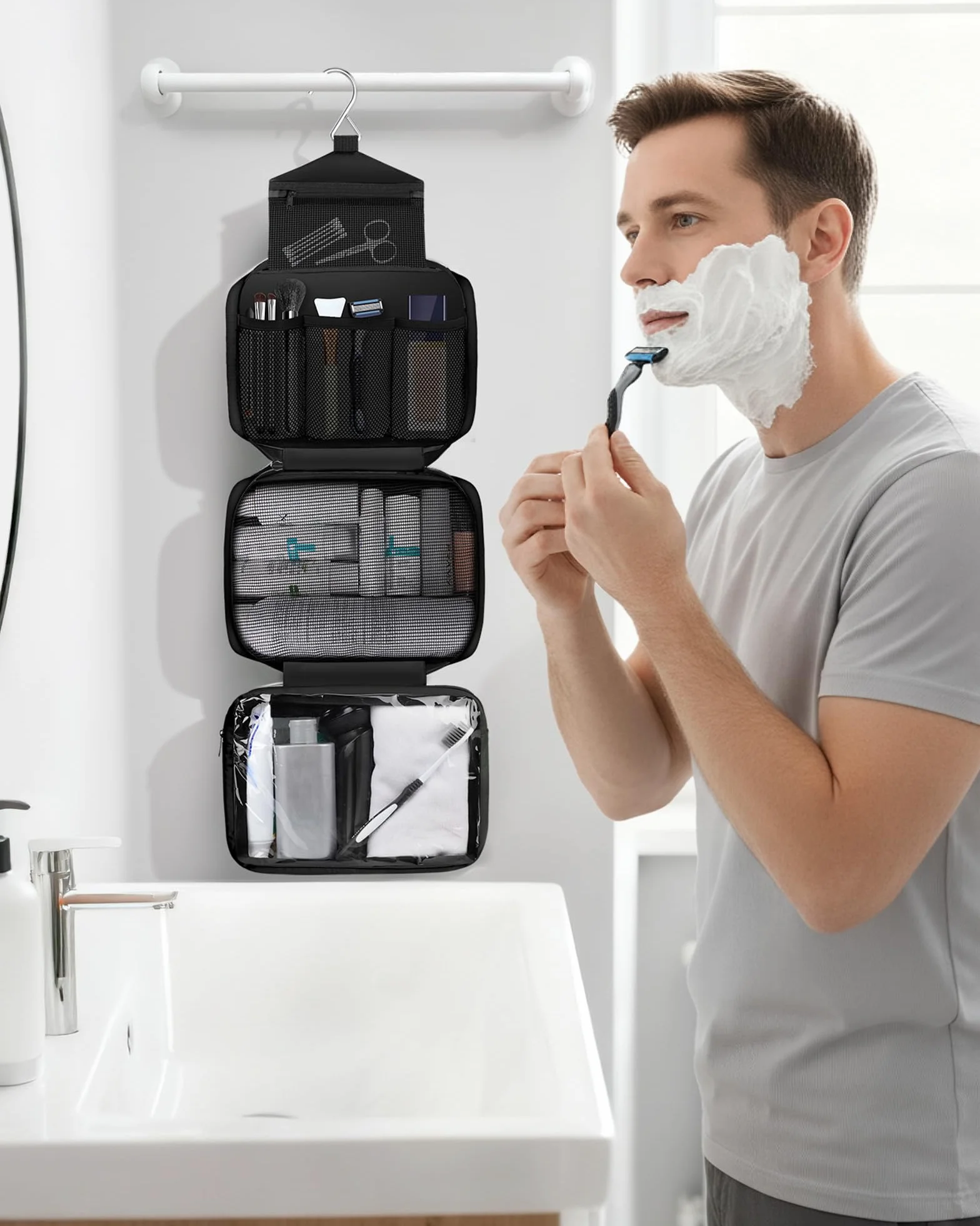 Maliton Neceser Viaje,Neceser Hombre Mujer,Impermeable De Gran Capacidad Neceser Maquillaje,con 4 Compartimentos Y Gancho Giratorio De 360°,para BañO Y Almacenamiento