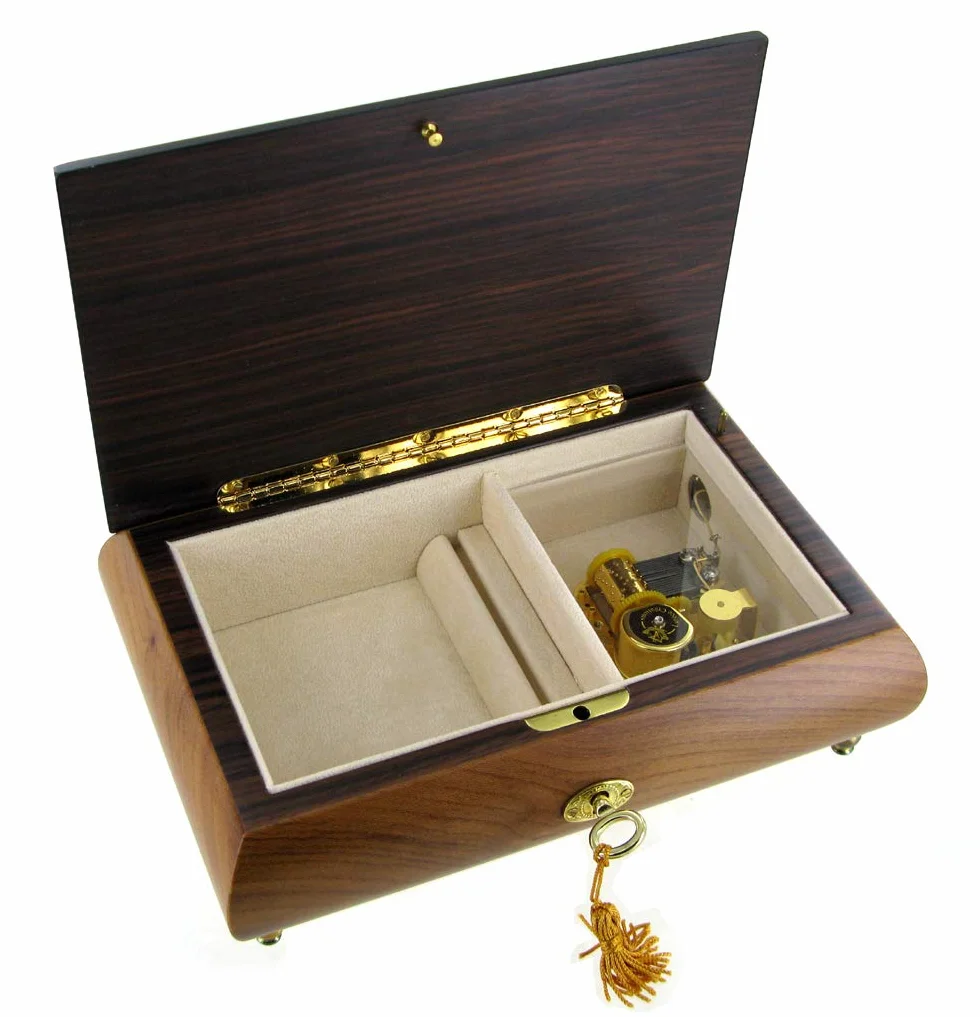 Caja de música para joyas/joyero musical de madera natural con marquetería "instrumentos musicales" y mecanismo musical de resorte de 18 notas - La vida en rosa (Louiguy/Edith Piaf)