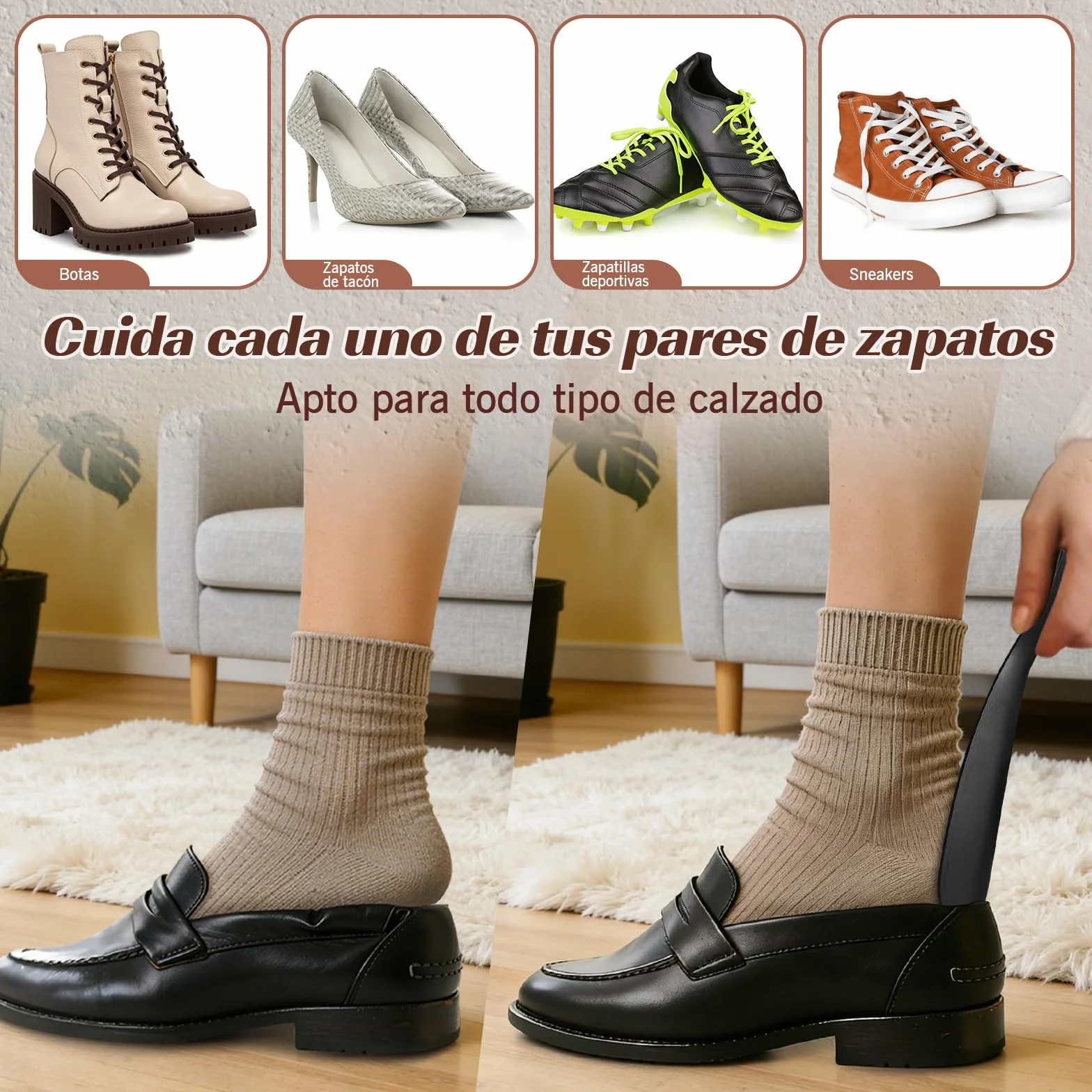 ZOMAKE Calzador de Zapatos Metalico 42cm Acero Inoxidable Negro para Personas Mayores Correa Cuero 2 Piezas