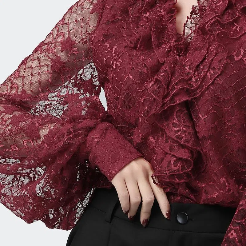 Blusas de Encaje caladas Sexis para Mujer, Blusas holgadas de Talla grande con Mangas abullonadas y Cuello en V, Blusas Informales de Verano para Mujer (Rojo L)