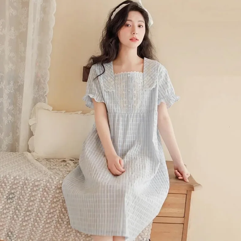 OFFSUM Camisón De Pijama De Mujer - Ropa De Dormir A Cuadros De Algodón Dulce De Verano Bata De Baño De Lencería con Temperamento De Talla Grande con Bordado De Encaje Y Cuello Cuadrado A La Moda