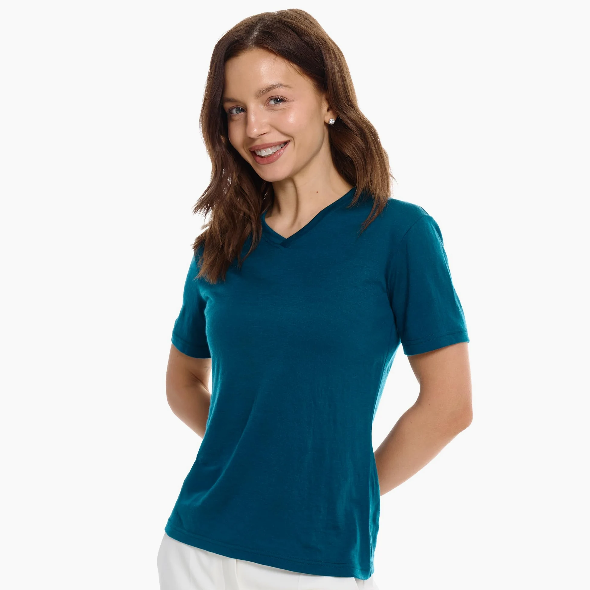 Merino.tech Camiseta Termica Lana Merino Mujer - Ropa Interior Base Layer 100% Lana Merino para Mujer (X-Large, Dark Teal V-Neck)