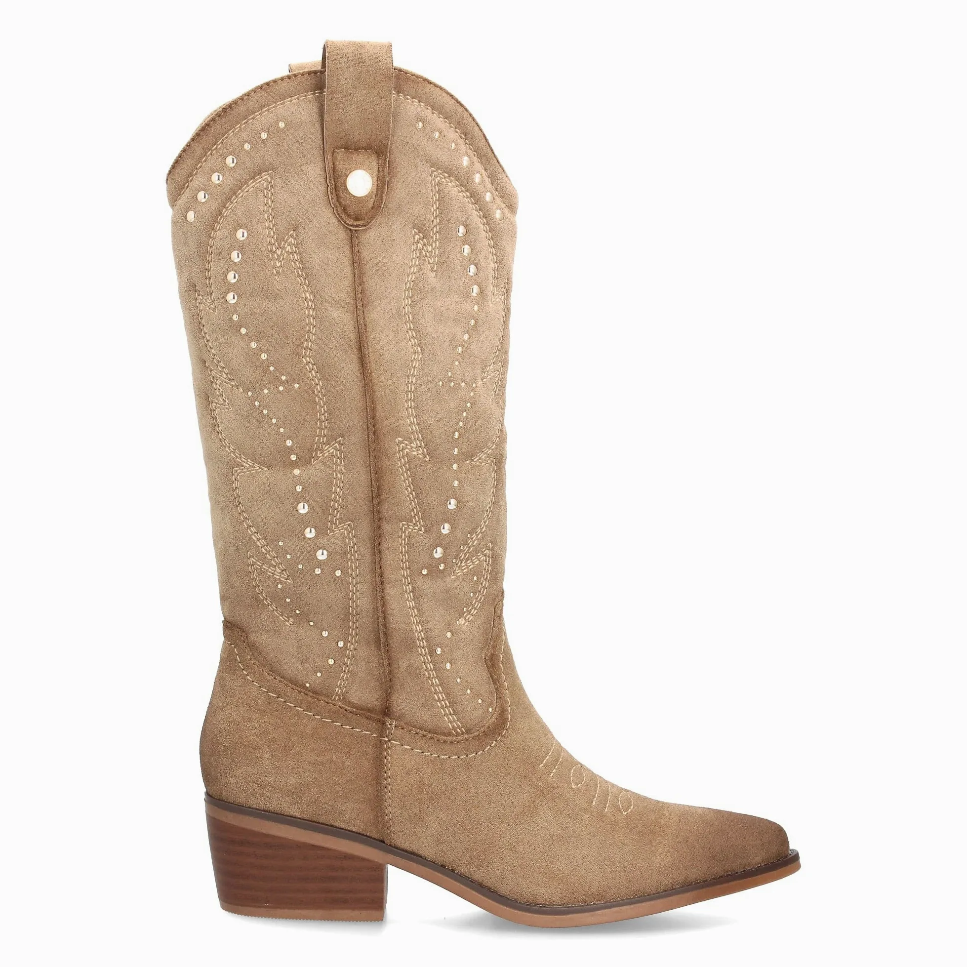 Botas Cowboy de Mujer Estilo Western con Diseno Elegante. Cana Alta con Bordados Decorativos y Tachuelas metalicas. Tacon Ancho de Altura Media, Punta Fina. Ideal Otono Invierno.