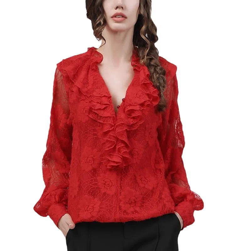 Tops de Encaje Floral Rojo para Mujer, Blusas holgadas de Talla Grande para Primavera, Manga Larga con Cuello en V, Blusas con Volantes, Ropa Informal para Todo Partido (Rojo XL)