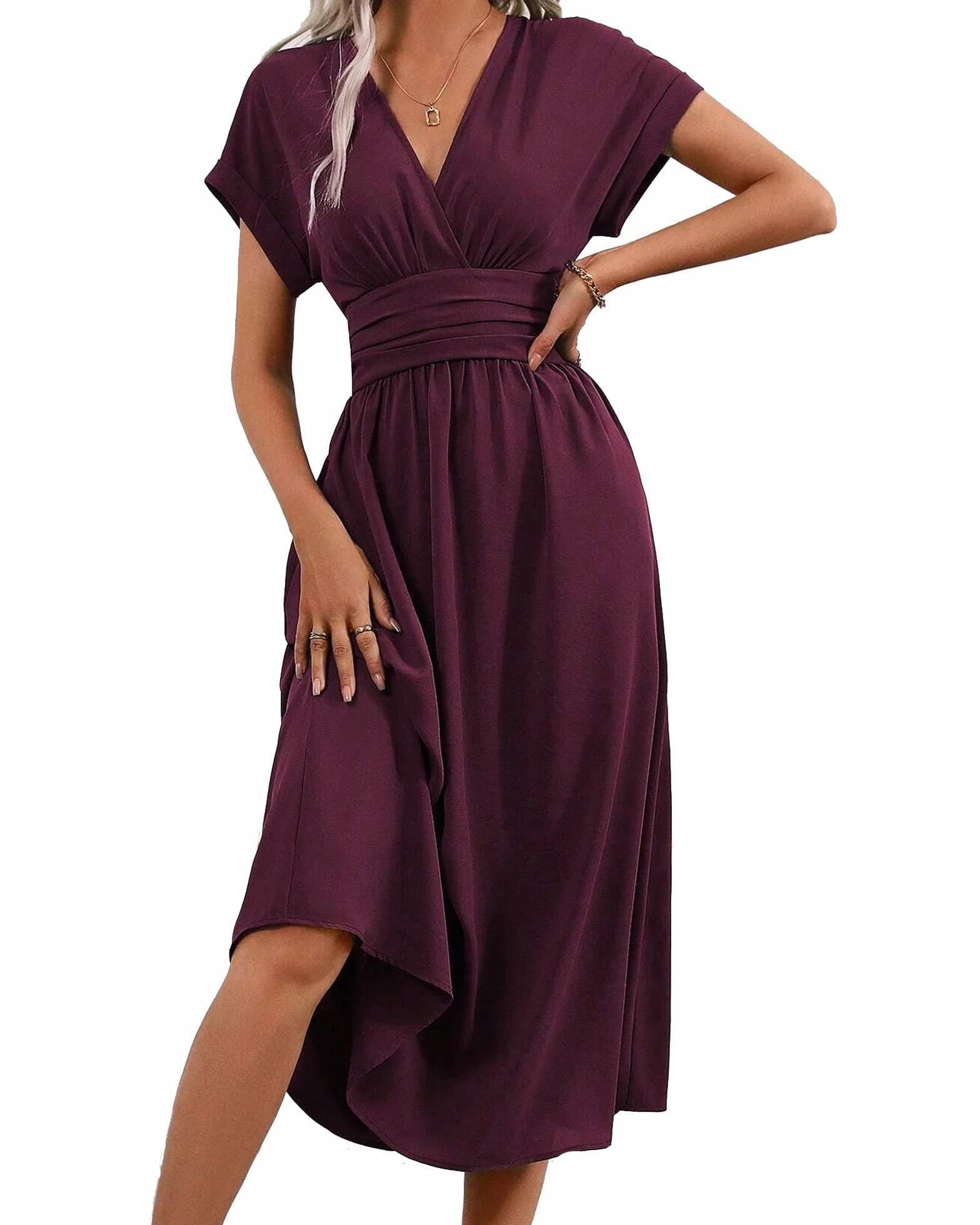 Vestido Largo Elegante Mujer Verano Cuello en V Manga Corta Casual Elástico