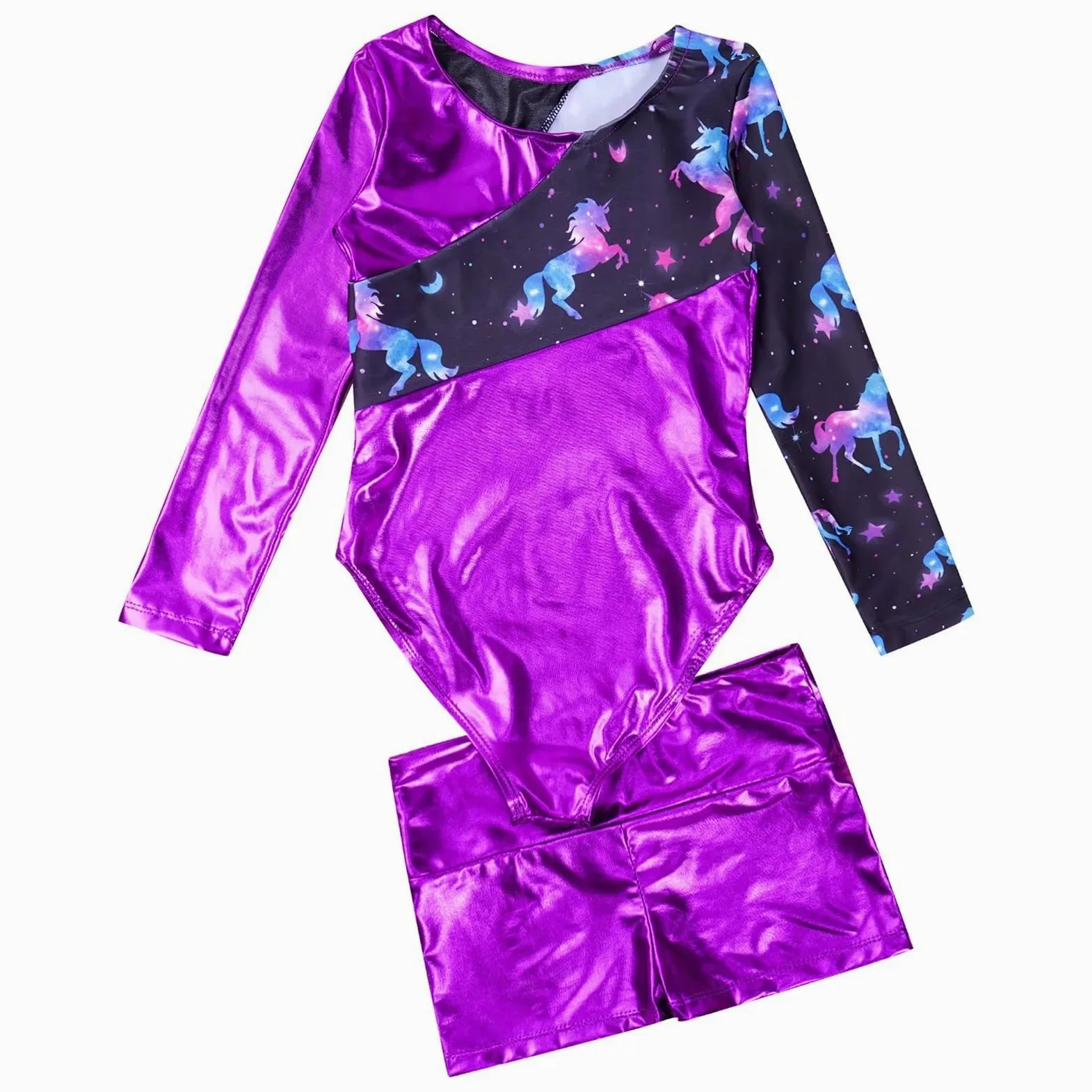 Maillot Gimnasia Ritmica Body de Leotardos de gimnasia for niñas, conjunto de baile de Ballet de manga larga bronceado, mono de entrenamiento de patinaje artístico con pantalones cortos(Blue,6)