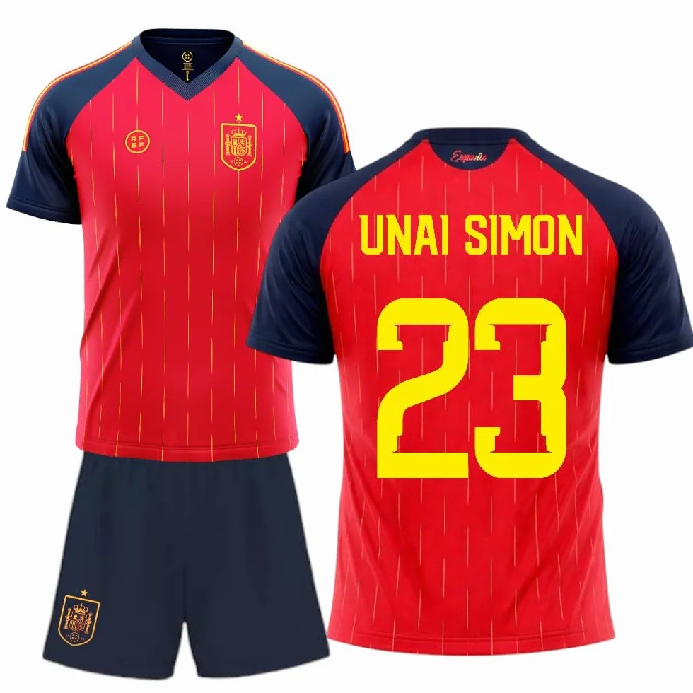 camiseta selección española mundial 2026-2028 replica oficial | Kit niño camiseta y pantalón | Unai Simón 23 | Roja | Equipación fútbol infantil | Cómoda y transpirable