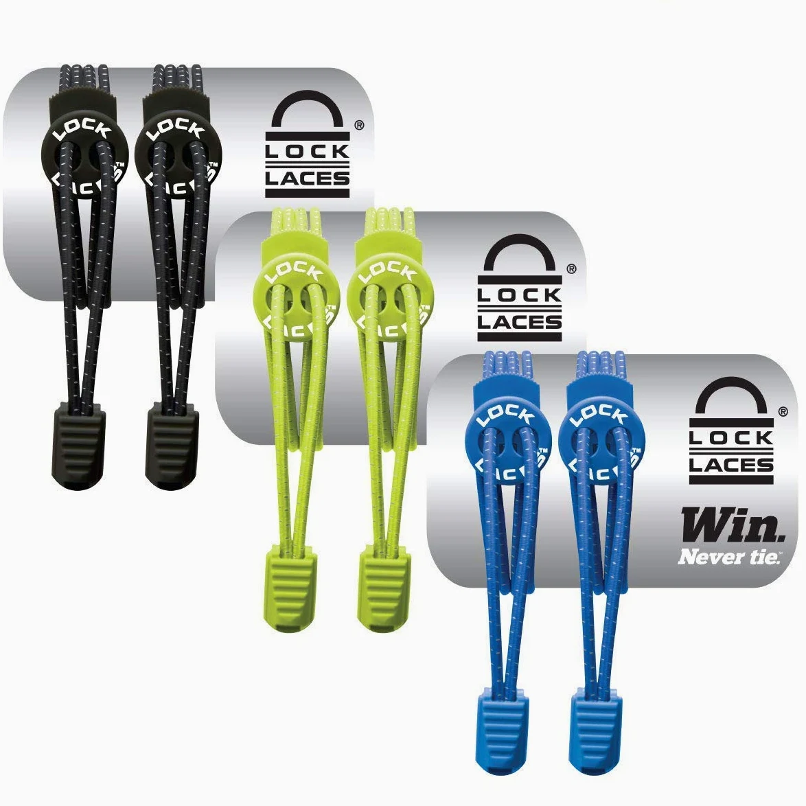 LOCK LACES - Cordones elásticos sin nudo, para zapatillas - 3 pares (Negro-Verde-Azul)
