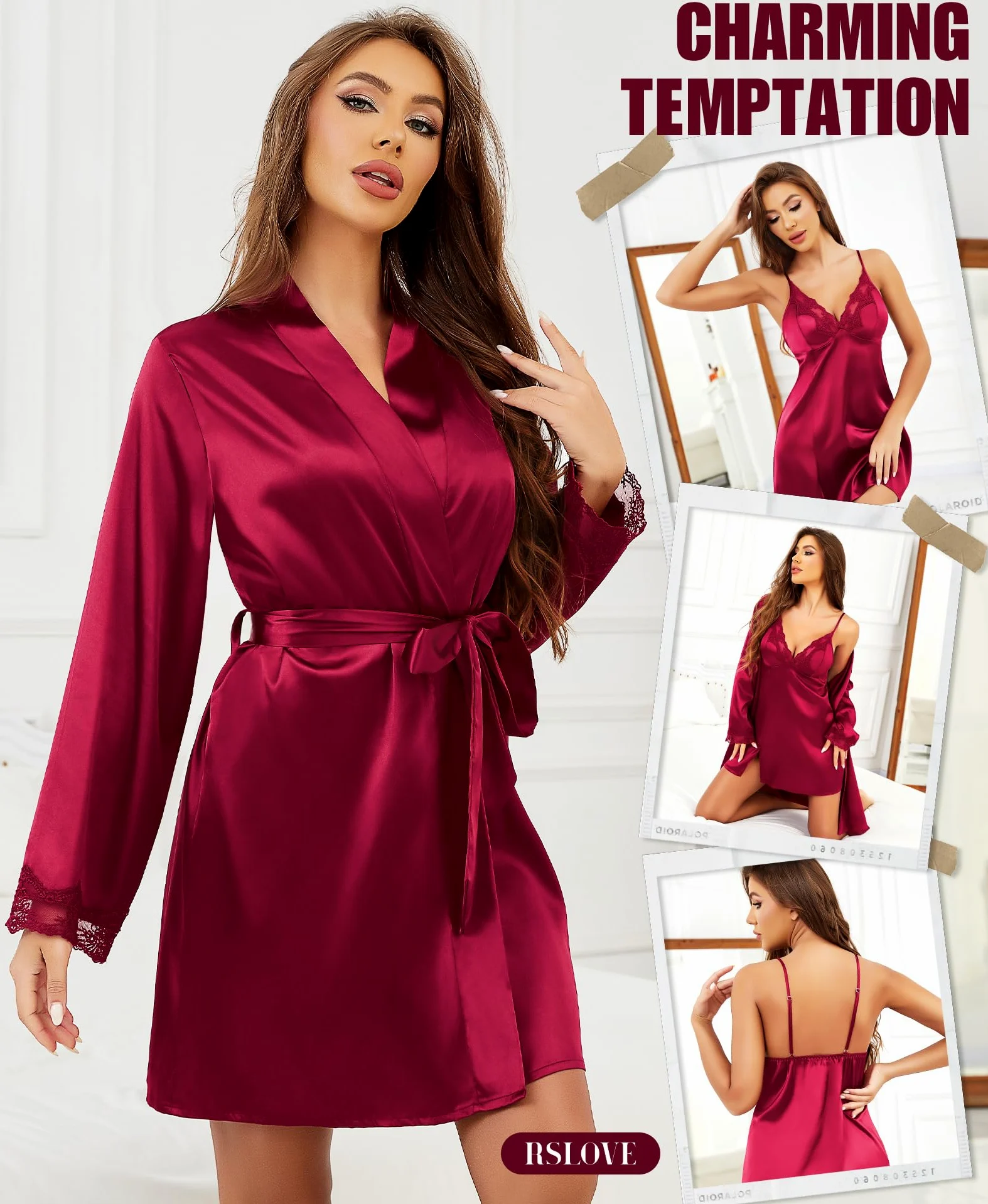 Conjunto de Camisola y Bata de satén: camisón de lencería de Encaje con Bata a Juego, Ropa de Dormir Sexy para Dama de Honor o Luna de Miel