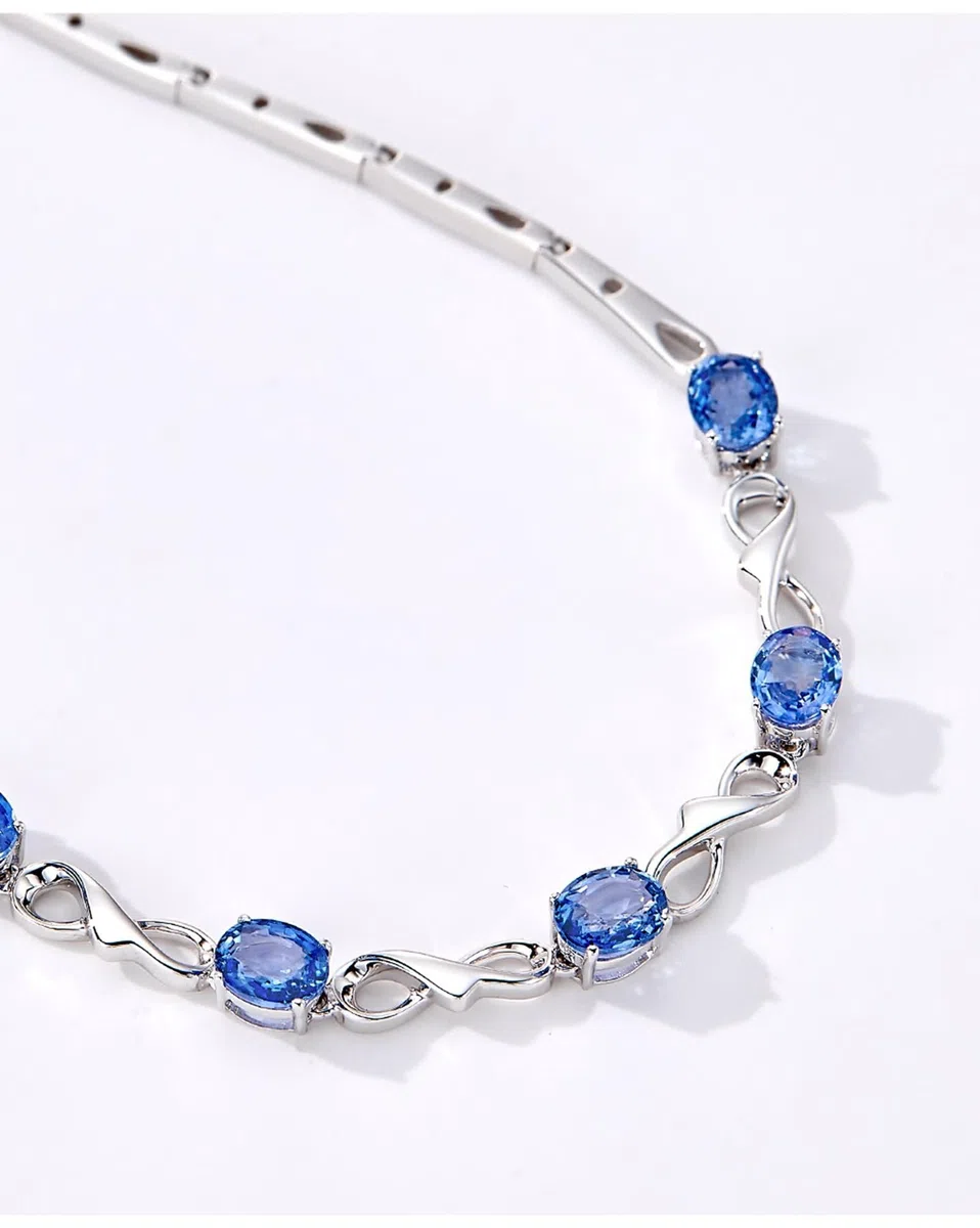 Pulseras de zafiro para mujer, infinito con zafiro, pulseras de oro blanco de 14 quilates para mujer, 20 + 3 cm
