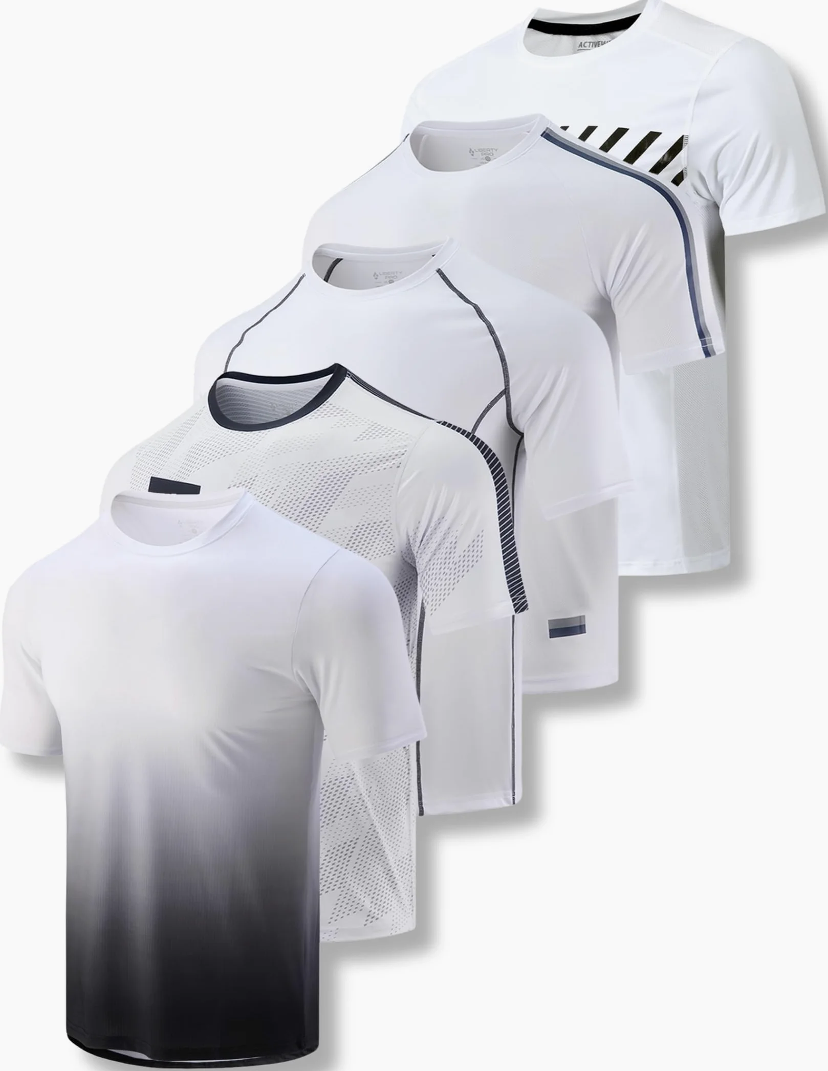 Pack de 5 camisetas de cuello redondo y manga corta para hombre, de secado rápido, para correr, gimnasio o entrenamiento, Blanco, Large