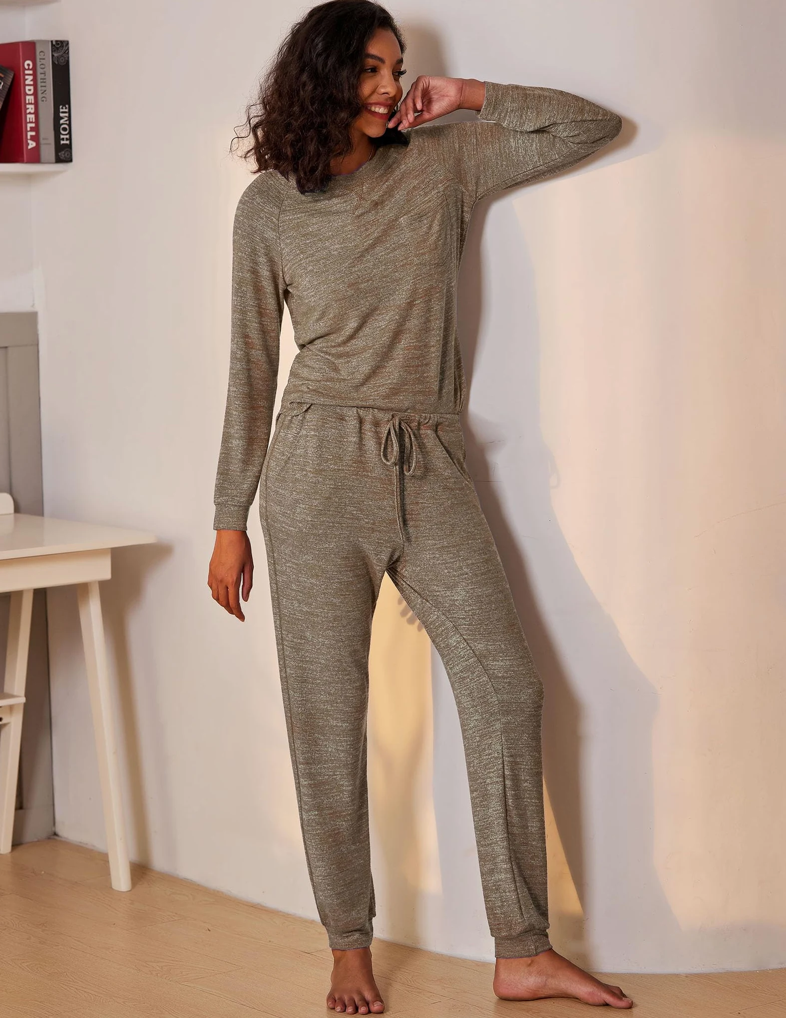 Ekouaer Pijama Mujer Ligero Conjunto de Pijama con Cuello Redondo Largo Pantalones 2 Piezas Invierno Manga Larga S-XXL