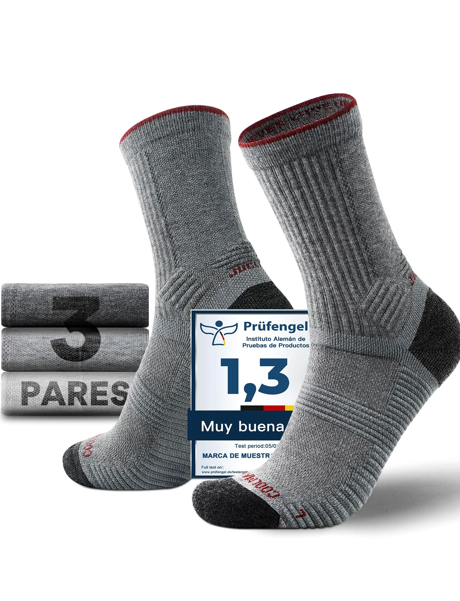 Juclise Calcetines de Senderismo de Lana Merino para Hombre - Grosor Medio, Transpirable, Absorbe la Humedad, Anti-Ampollas, Con Acolchado y Compresión