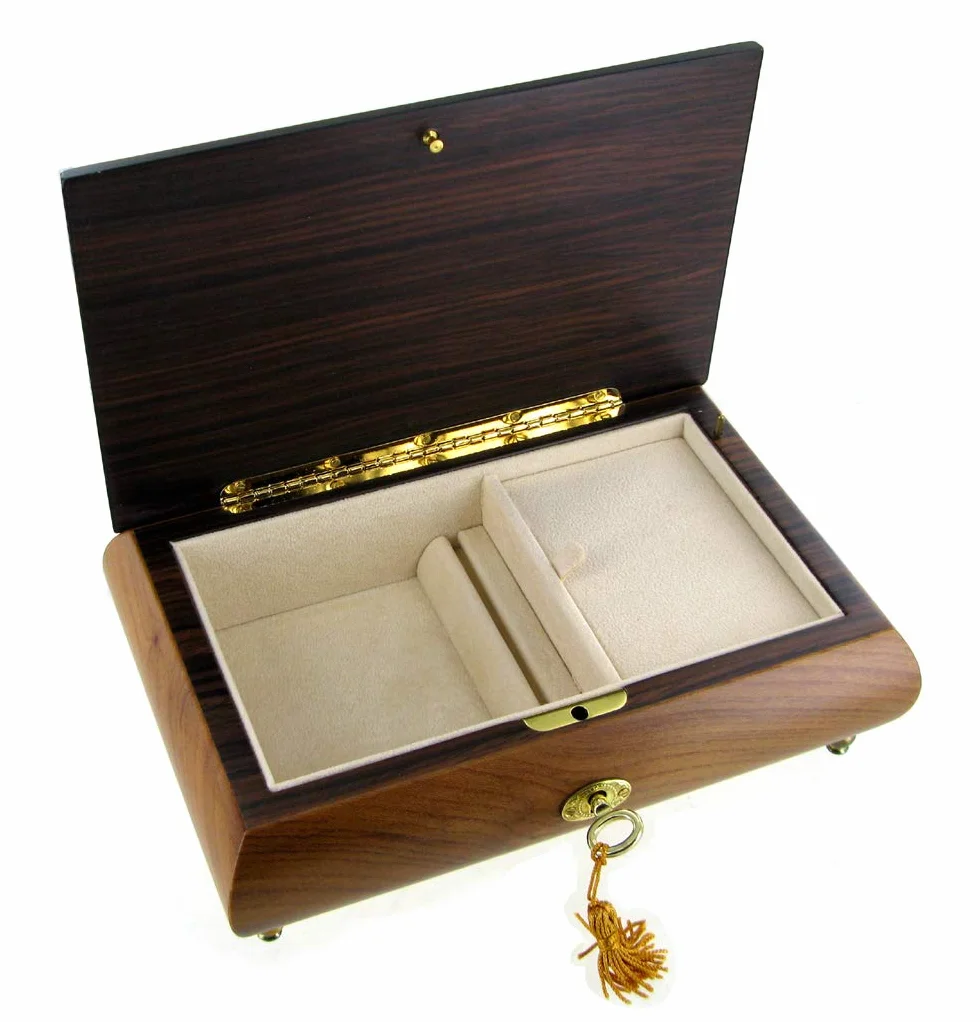 Caja de música para joyas/joyero musical de madera natural con marquetería "instrumentos musicales" y mecanismo musical de resorte de 18 notas - La vida en rosa (Louiguy/Edith Piaf)