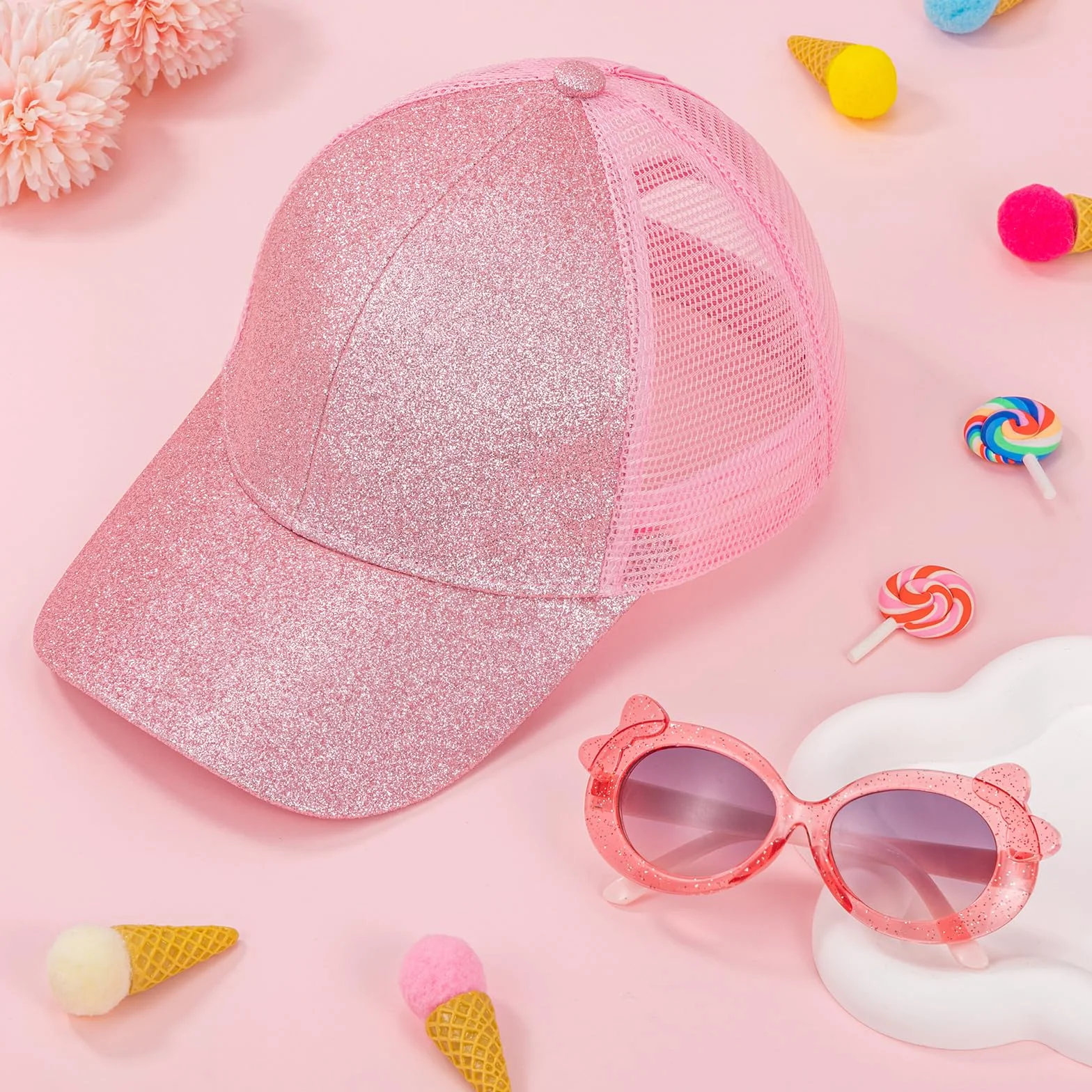 Gorra de Béisbol para Niña Cola de Caballo Ajustable Malla Gafas de Sol Verano Purpurina Rosa