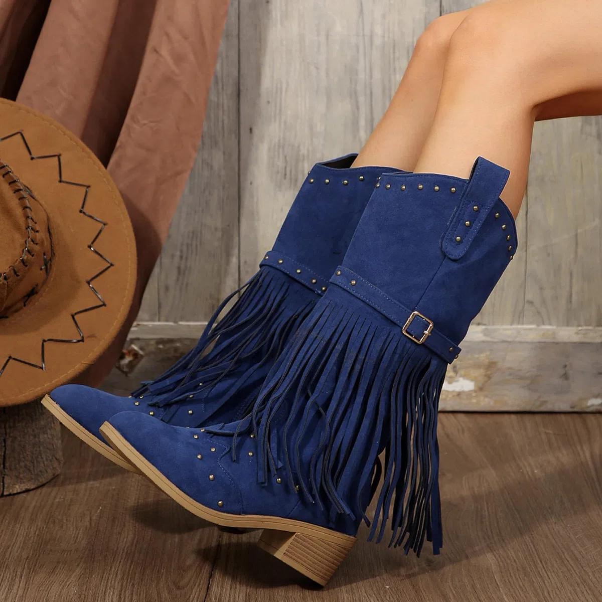 Botines de cuña para mujer, botines de vaquero para otoño, punta puntiaguda