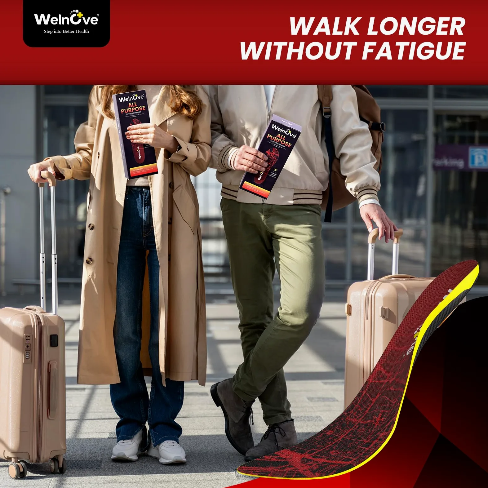 Walk Comfort Insoles - Welnove Pain Relief Insoles with Arch Support Cushion Inserts for Walking, Work & Travel - All-Day Comfort for Standing on Feet,Anti Fatigue - XL