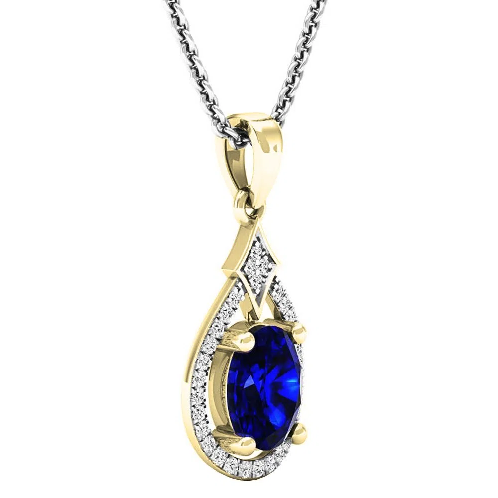 14 K oro 8 x 6 mm Oval Azul zafiro y diamante redondo señoras colgante (cadena de plata incluidas)