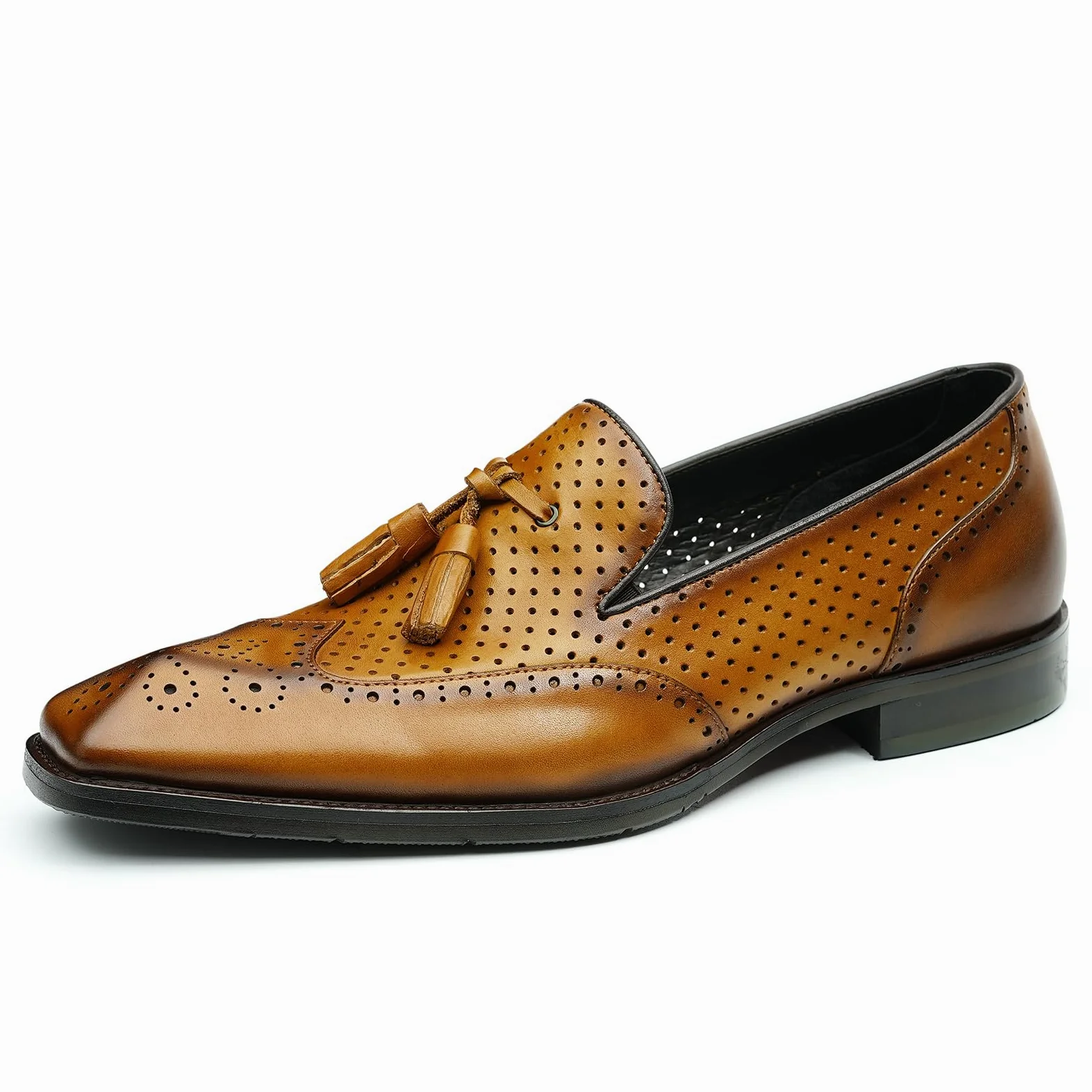 Mocasines con Borlas para Hombres Brogues Huecos Transpirables Zapatos Slip On en Cuero