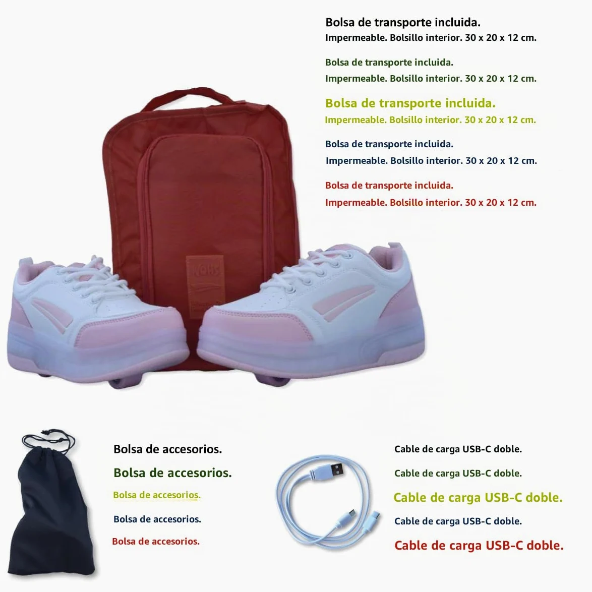 Zapatillas Deportivas con Dos Ruedas y Luces LED. Recargables, 16 Efectos de Luces. Rueda Trasera automática. Blanco/Rosa pálido. Talla 34