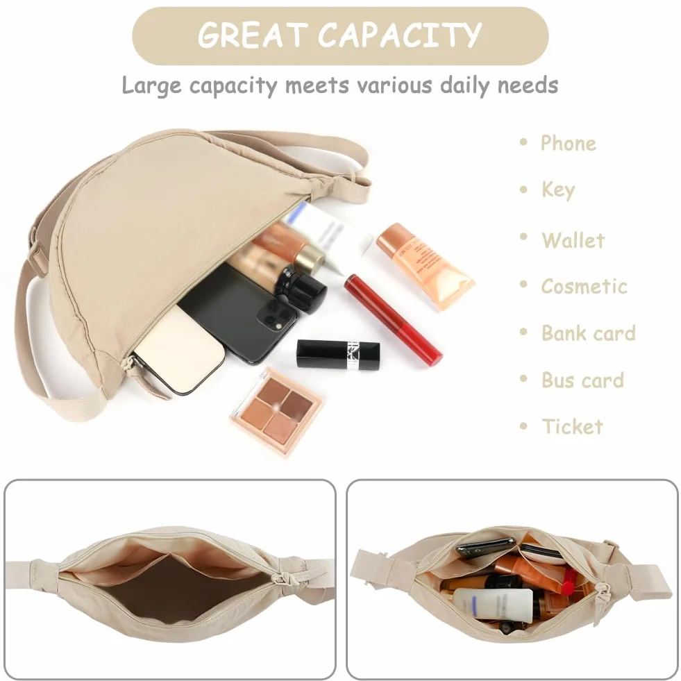 Aucuu Bolso Bandolera Para Mujer, Media Luna Impermeable Bolso Bandolera Nylon, Casual Ligero Bolsa Crossbody Mujer con correa de hombro ajustable, para Viaje, Compras, Escuela, Oficina