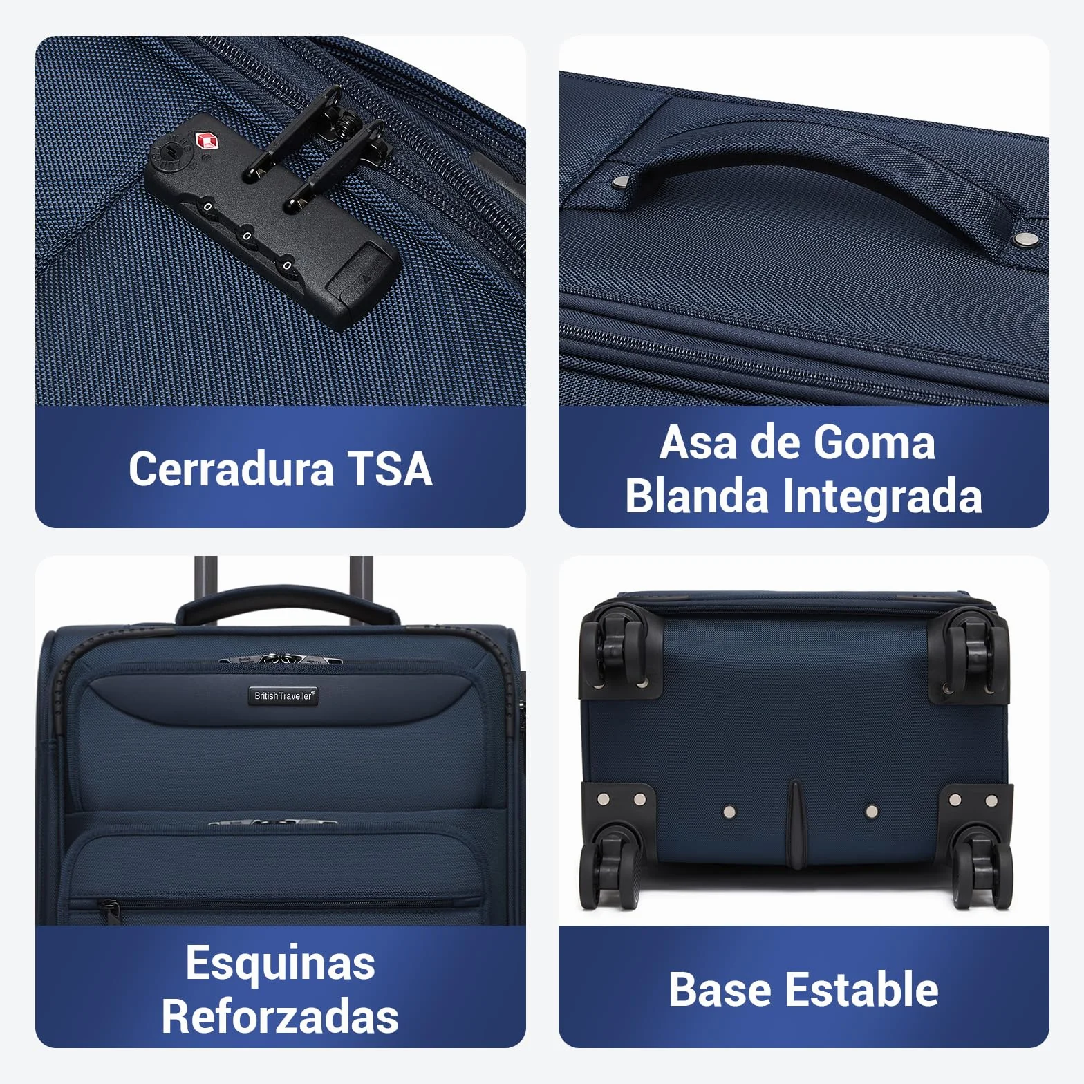 British Traveller Maleta Cabina 57,5cm Trolley Rígido con 4 Ruedas Giratorias y Cerrado TSA, Azul
