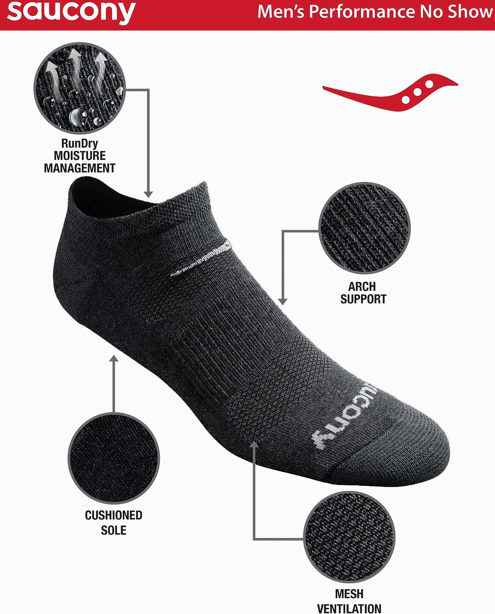 Saucony - Calcetines invisibles para hombre RunDry de malla ventilada, ajuste cómodo, de rendimiento, disponibles en tallas M-XXL (6, 12, 18 pares), Large