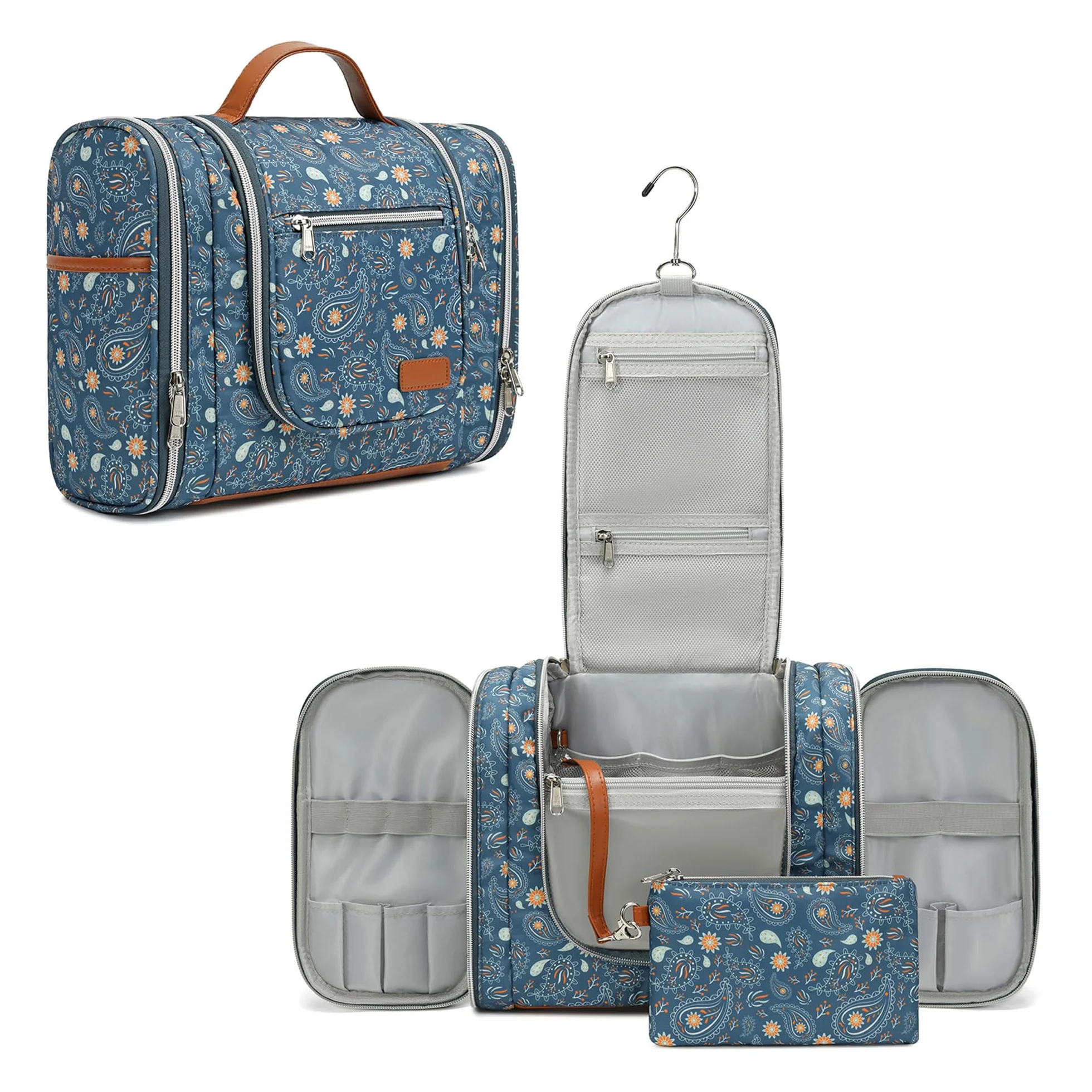 Pearl Angeli Neceser grande para mujer, neceser para colgar, A4-azul Paisley Flores, Neceser | Neceser de viaje grande bolsa de aseo organizador de maquillaje con gancho y asa, bolsa impermeable
