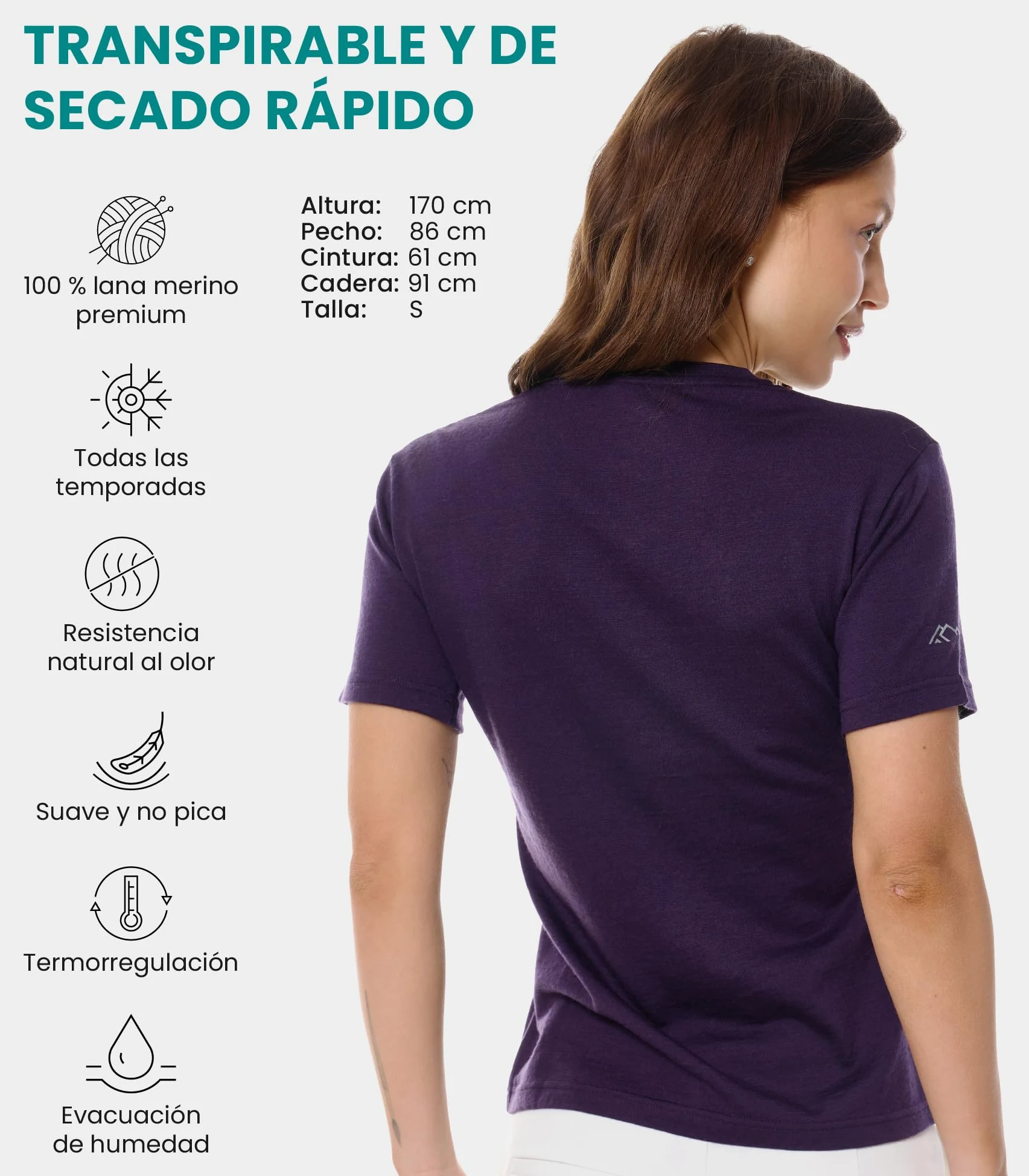 Merino.tech Camiseta Lana Merino Mujer — 100% Merino Lana Camiseta Interior Mujer con Calcetines (Medium, Dark Purple V-Neck)