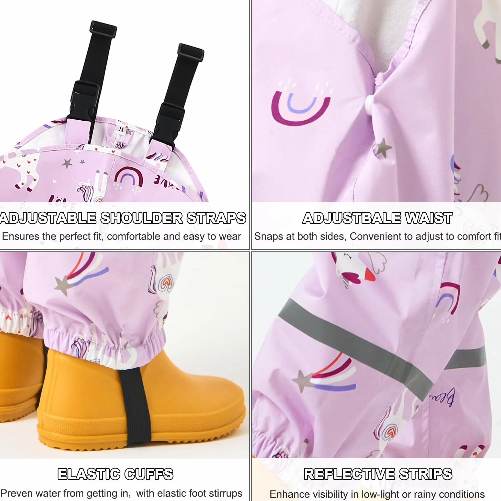 Fewlby Pantalon Impermeable Niñas, Pantalones Barro Peto de Lluvia Niños Mono Impermeable con Tiras Reflectantes Chubasquero Outdoor Traje Impermeable