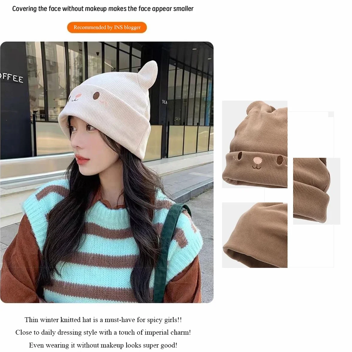 Gorros de punto para mujer de invierno forro polar, gorro fino hombre diseño orejas gato, 54-59 cm