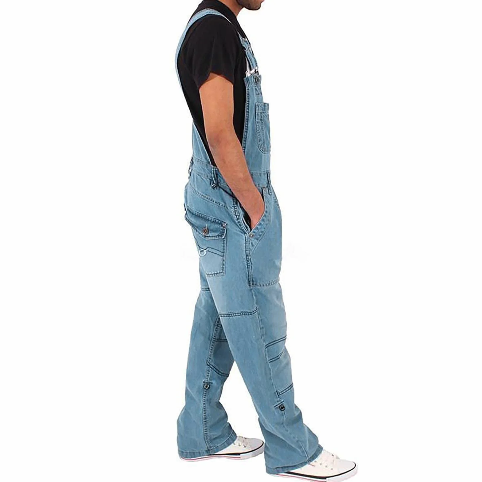 Mono de trabajo de mezclilla para hombre con tirantes ajustables y bolsillos