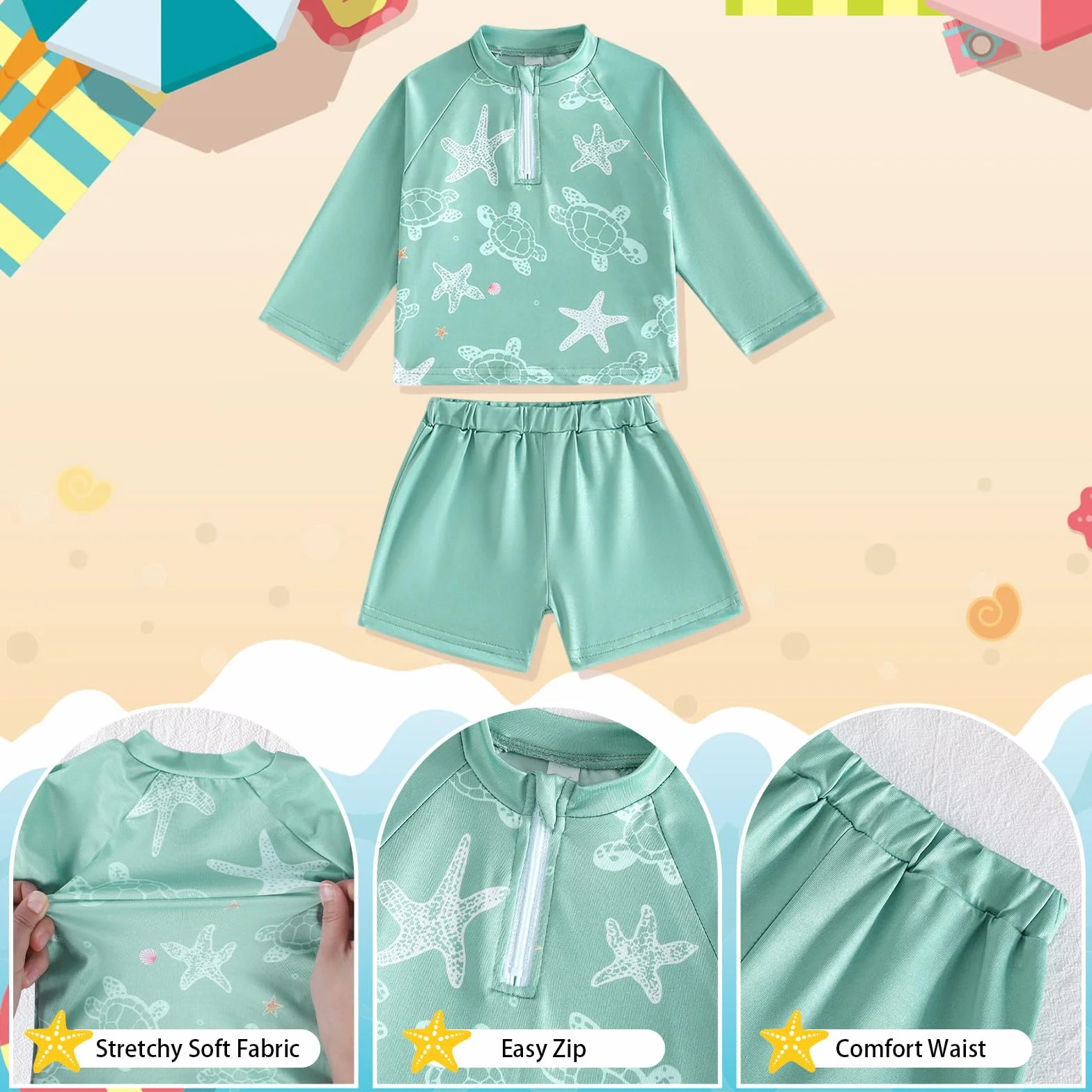 Conjunto de baño de dos piezas para niños pequeños Gorro Camiseta manga larga y Pantalones cortos Playa Piscina