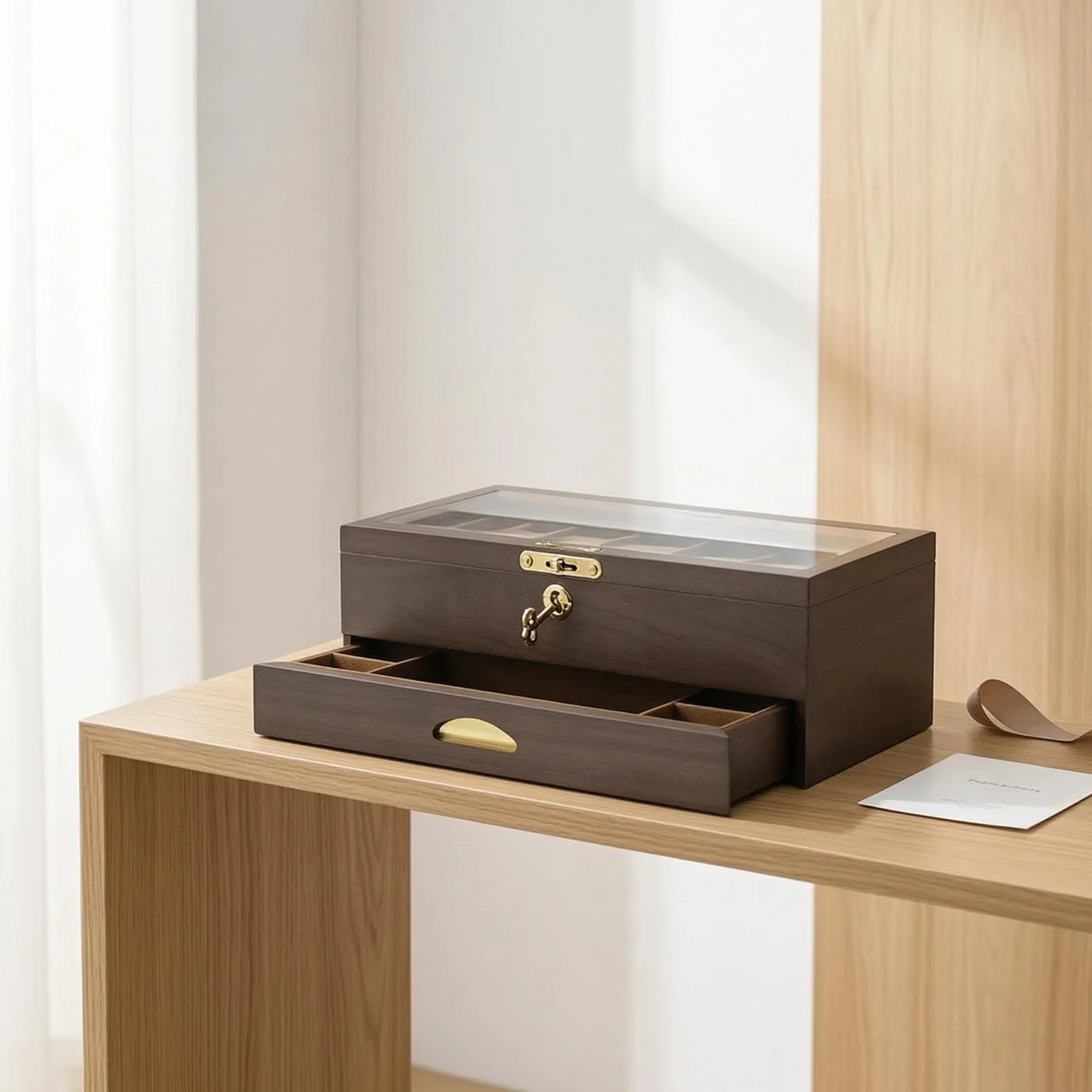 Organizador Relojes con Tapa Cristal Compacto Joyero con Cierre Cómodo Organizadora Joyas Tapa Cristal para, Caja De 6 Relojes De Doble Capa Con Cajón, Acabado En Nogal Negro